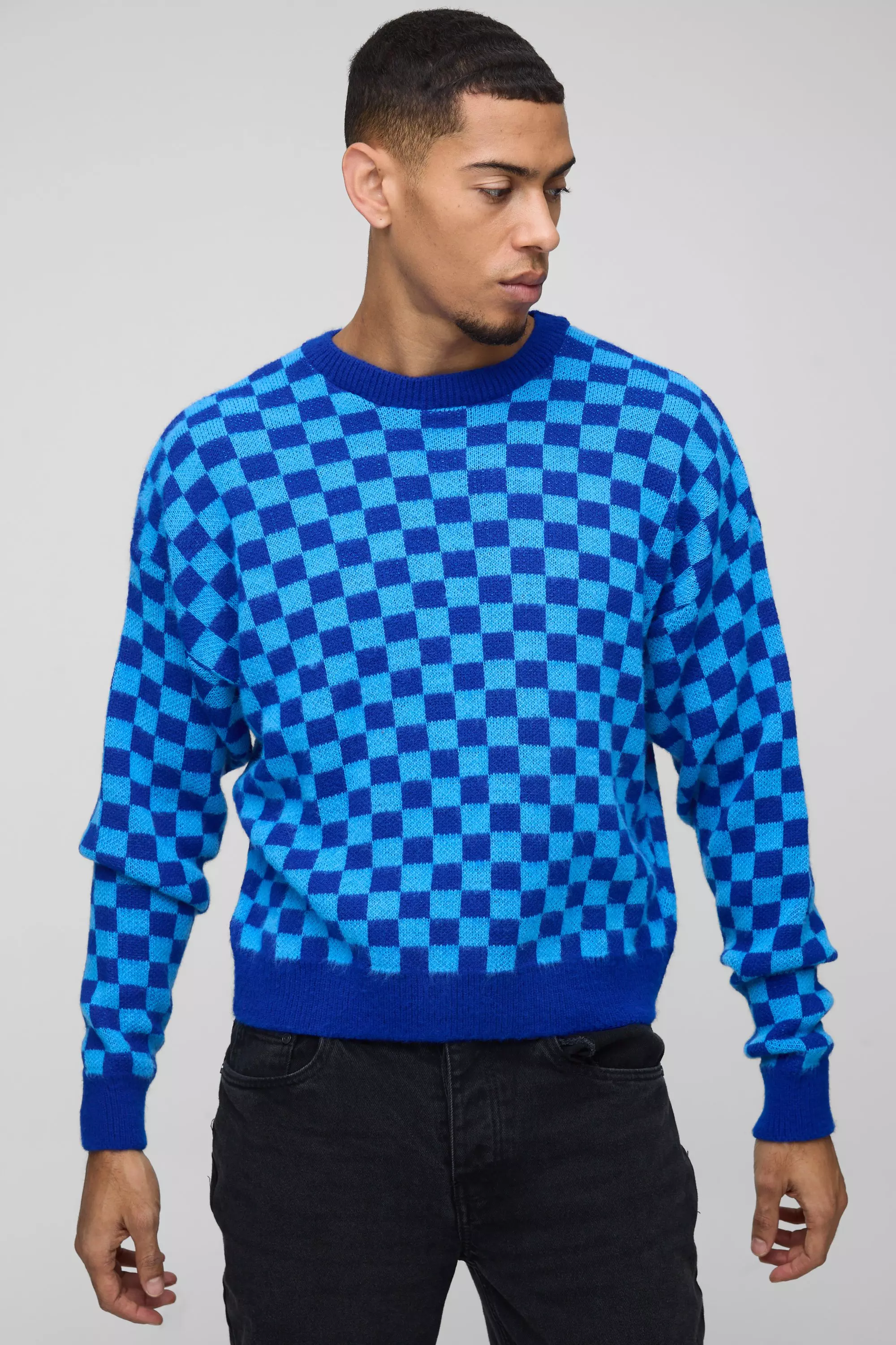 Oversized Boxy Checkered Knitted Brushed Jumper Blue