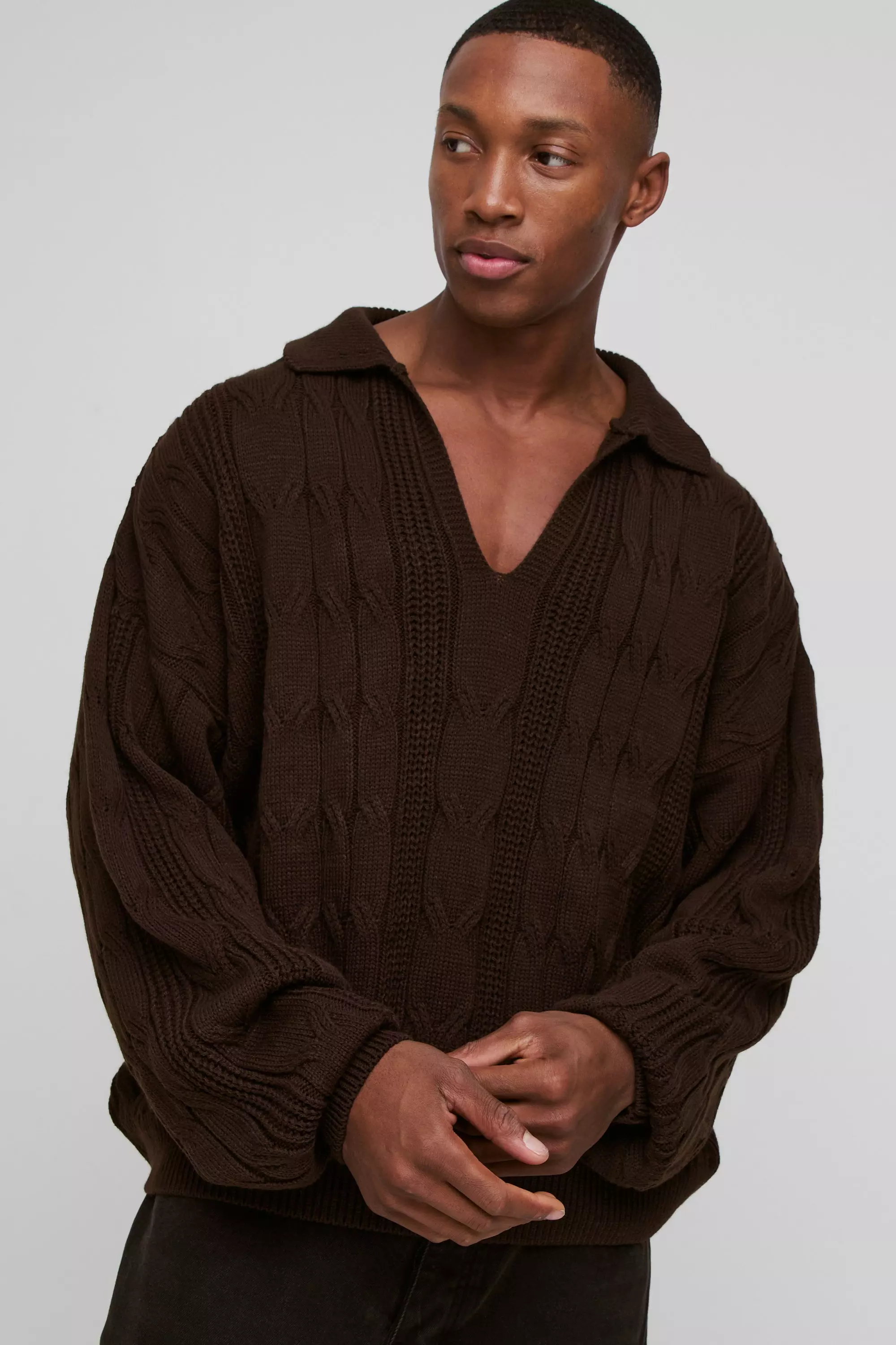 Oversized Boxy V Neck Cable Knitted Polo Sweater | boohooMAN USA