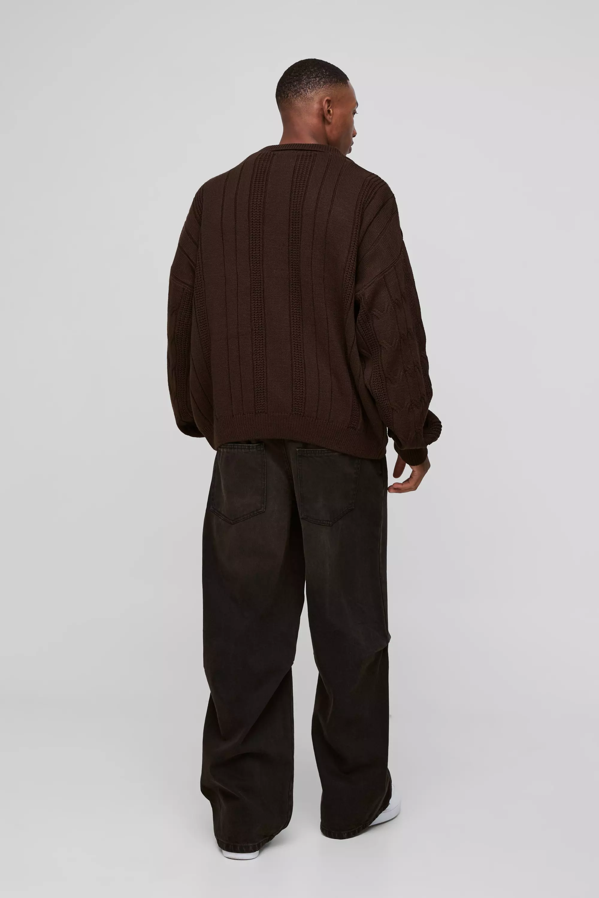 Oversized Boxy V Neck Cable Knitted Polo Sweater | boohooMAN USA