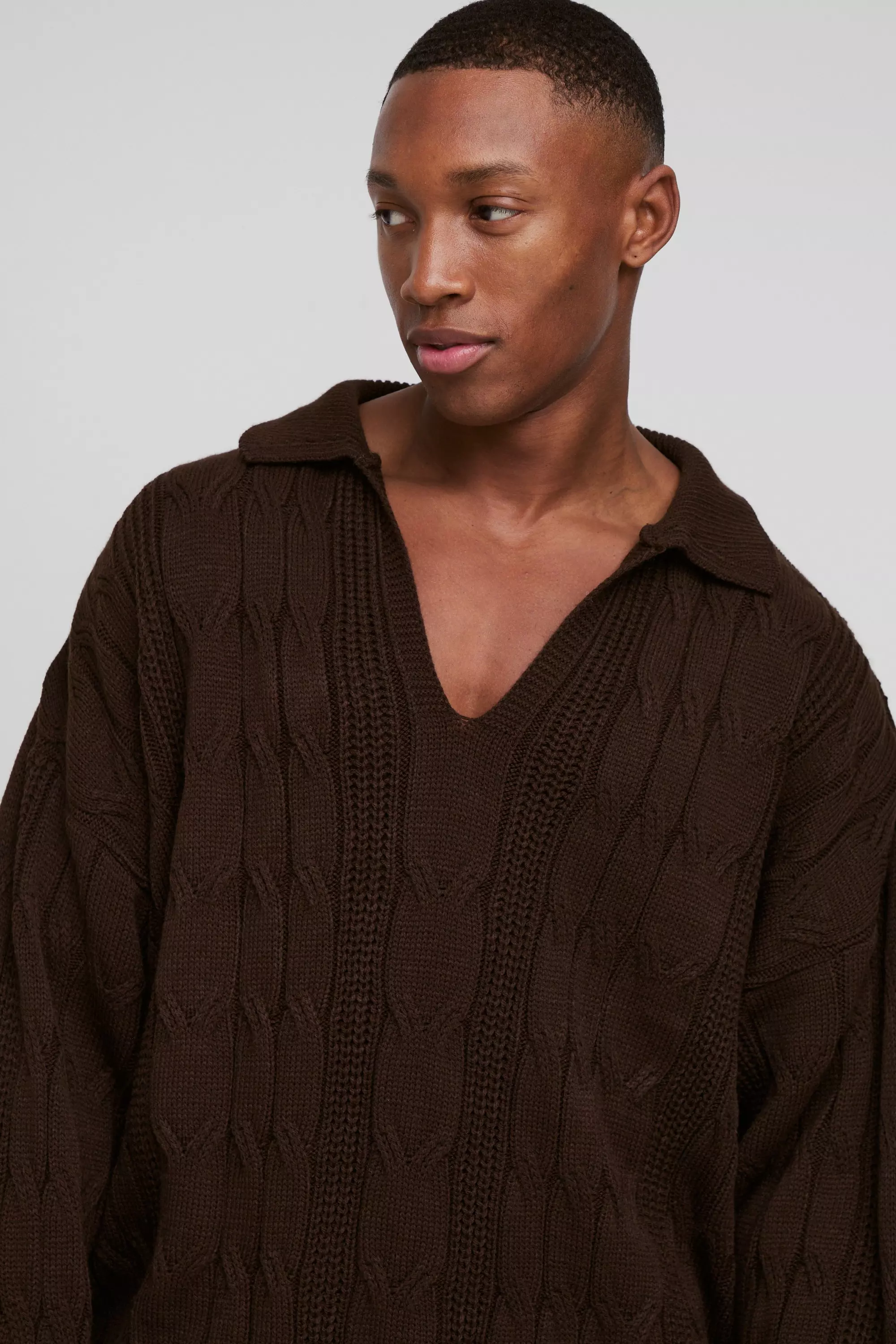 Oversized Boxy V Neck Cable Knitted Polo Sweater | boohooMAN USA