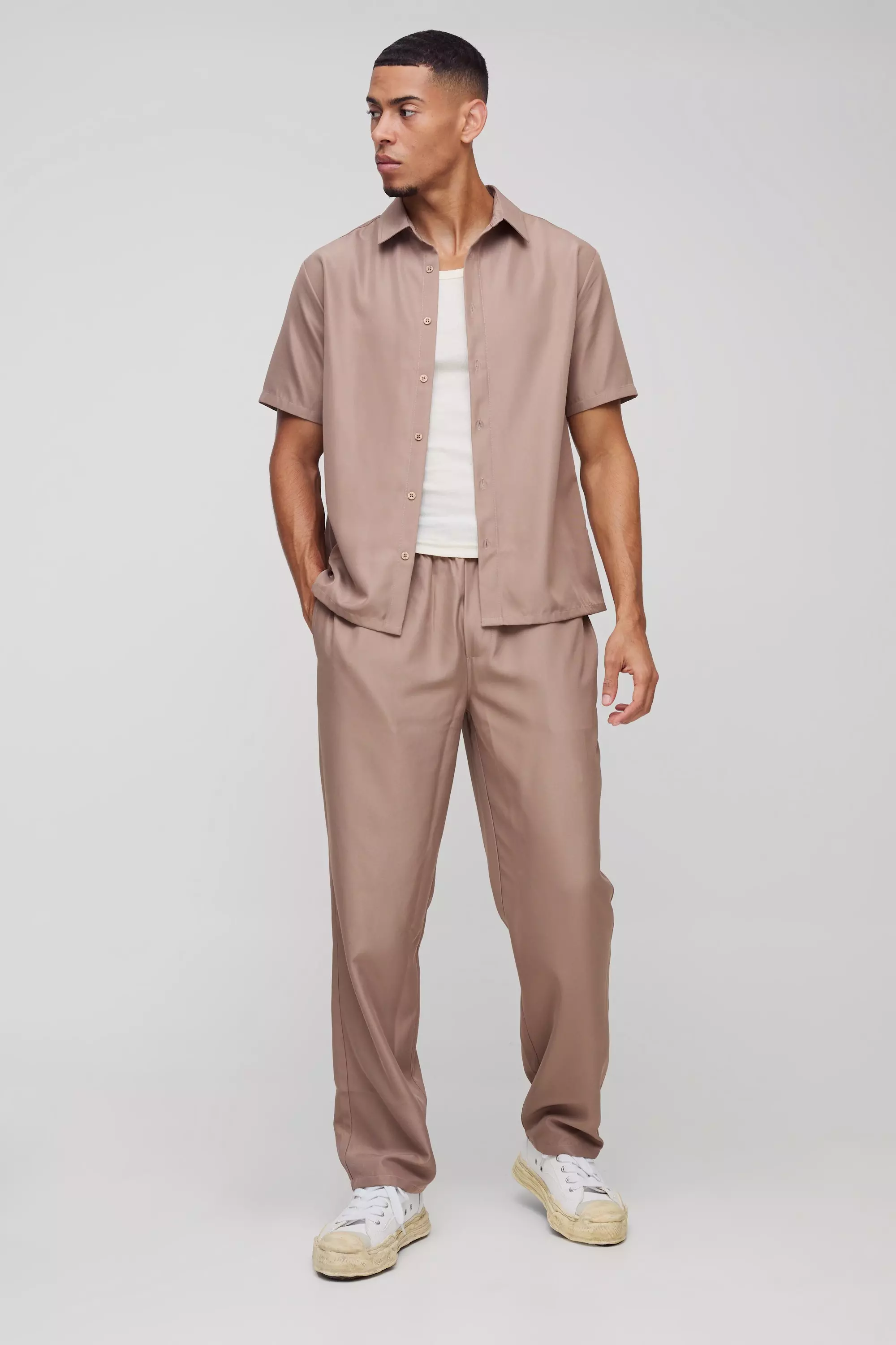 Short Sleeve Soft Twill Smart Shirt & Pants Set Taupe