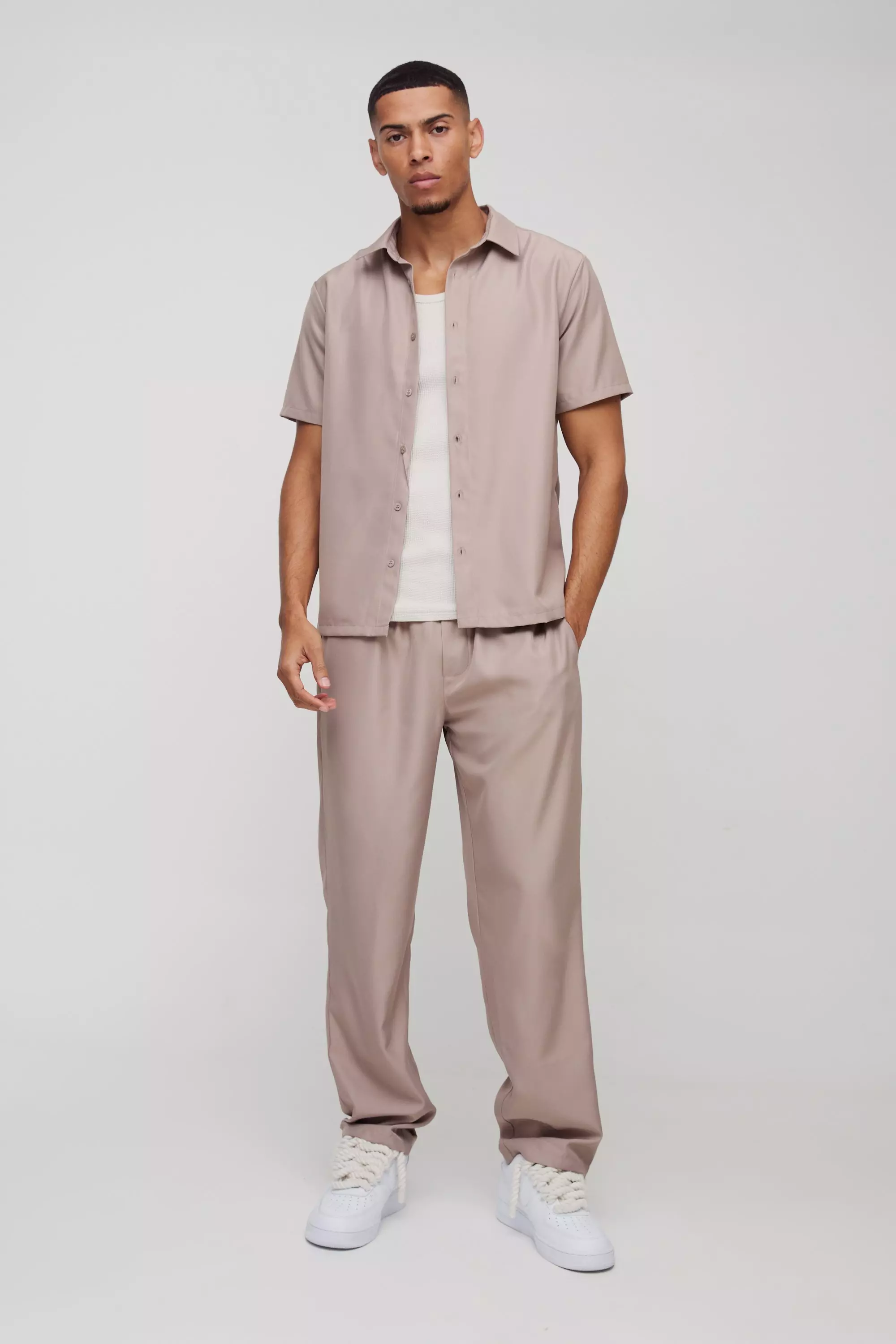 Short Sleeve Soft Twill Smart Shirt & Pants Set Mocha