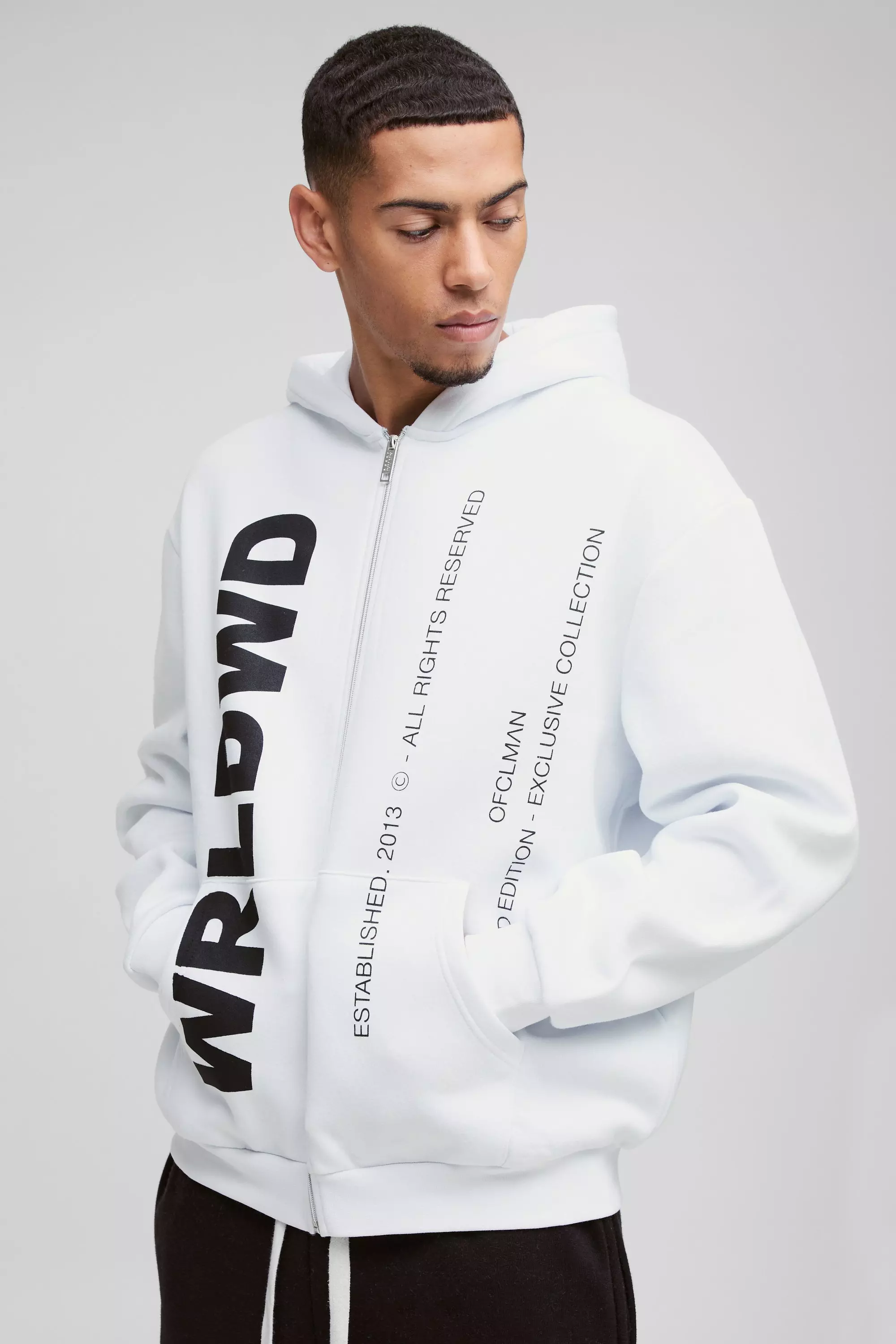 White Oversized Worldwide Text Zip Through Hoodie alternative image