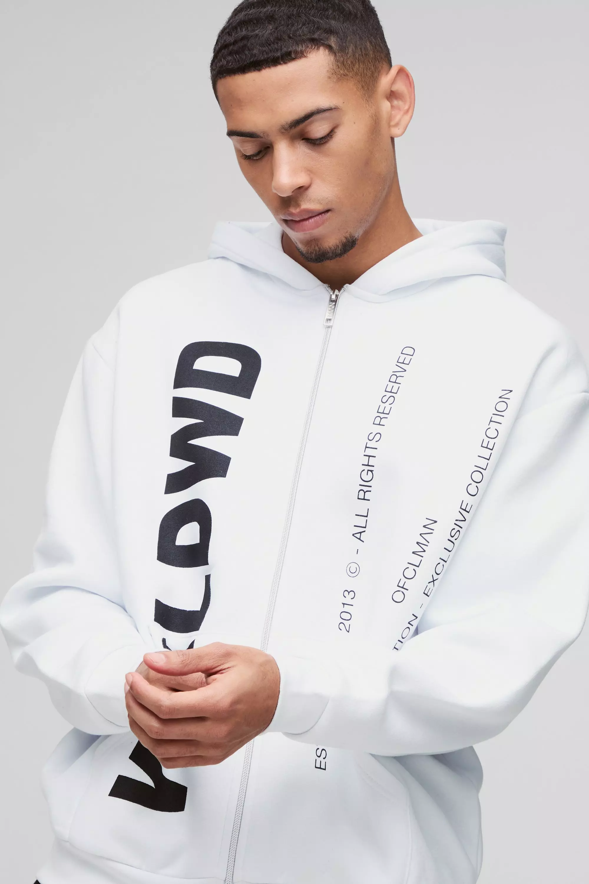 White Oversized Worldwide Text Zip Through Hoodie alternative image