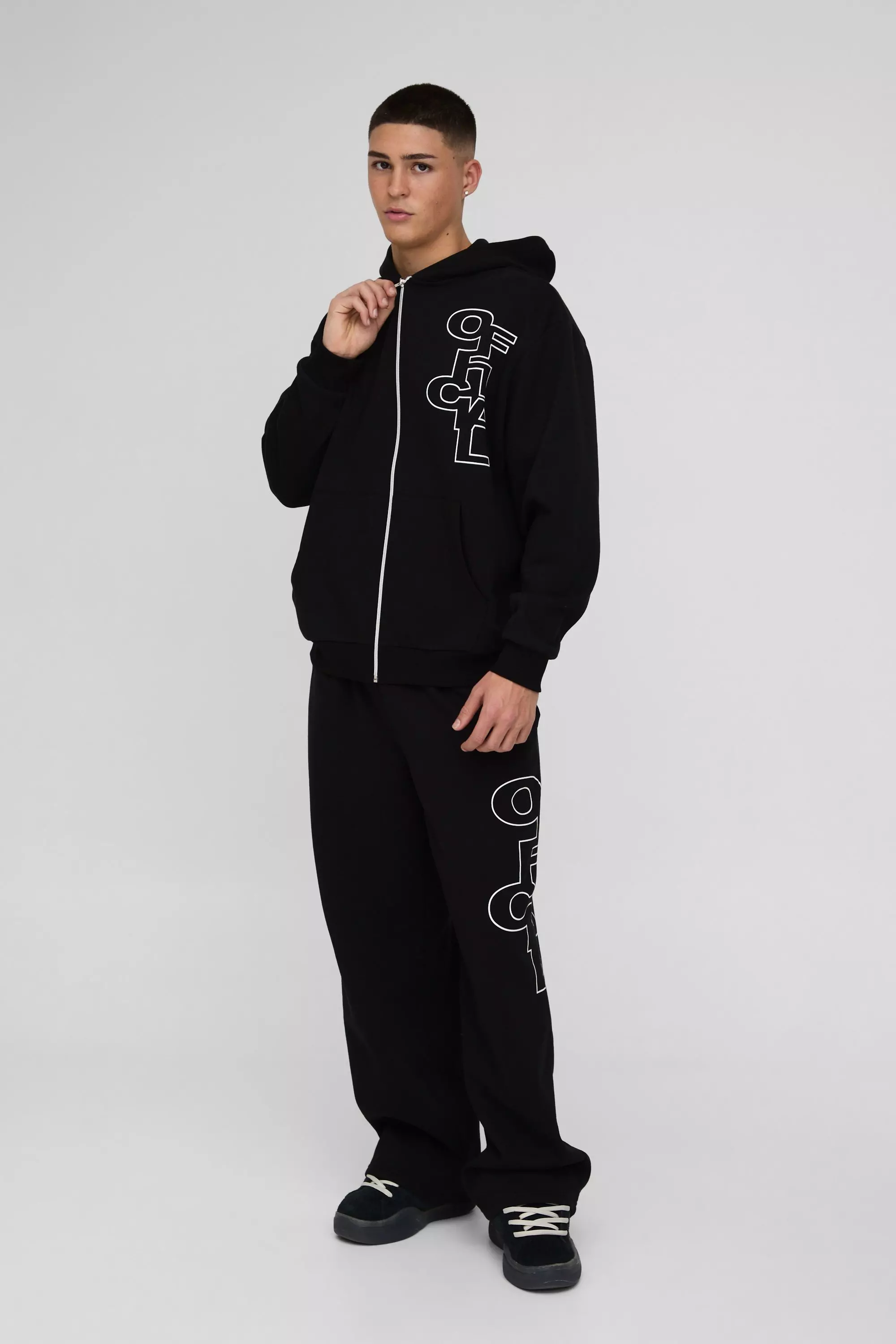Oversized Boxy Official Outline Zip Through Hooded Tracksuit | boohooMAN