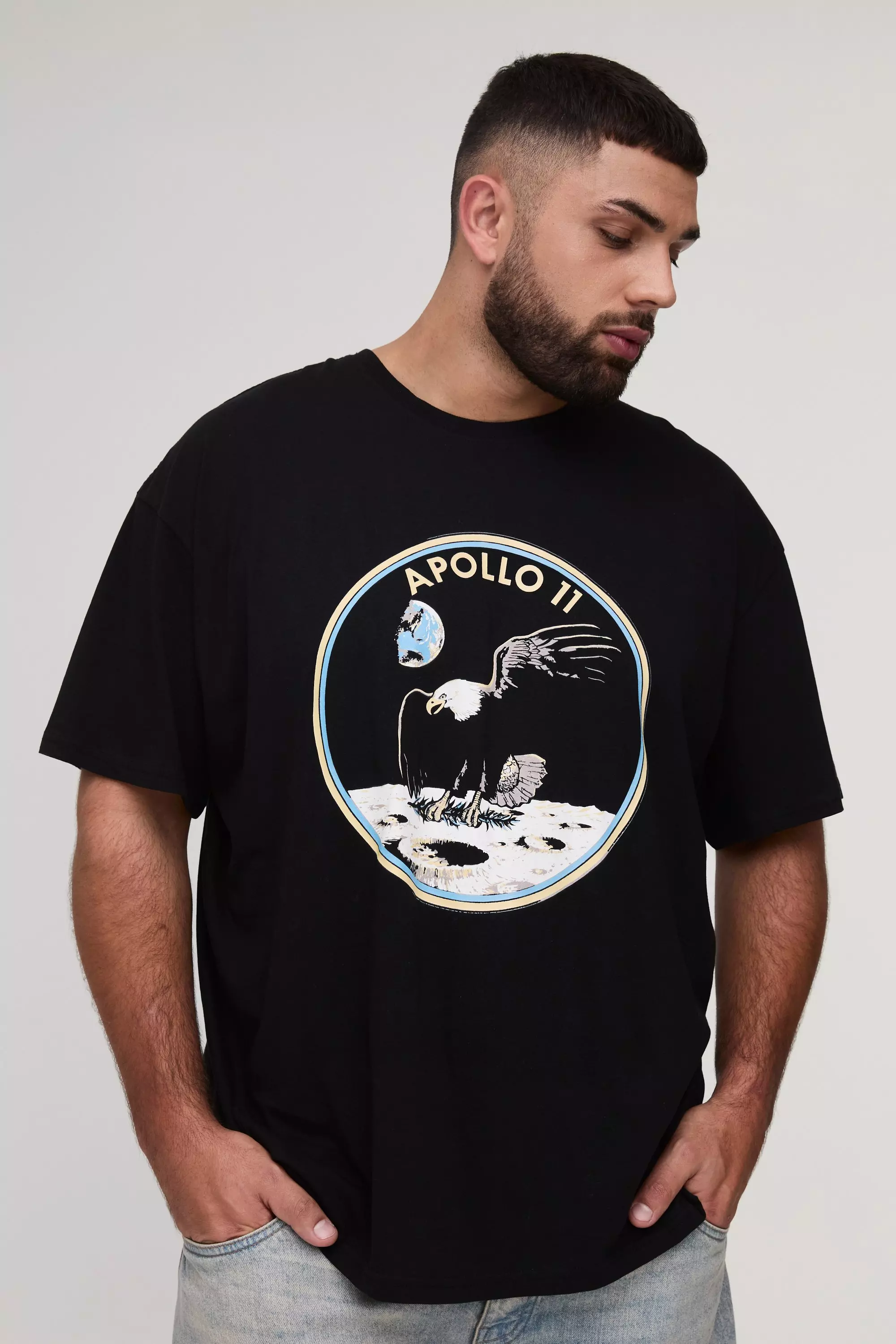 Plus Oversized Nasa Eagle Moon License T-Shirt Black