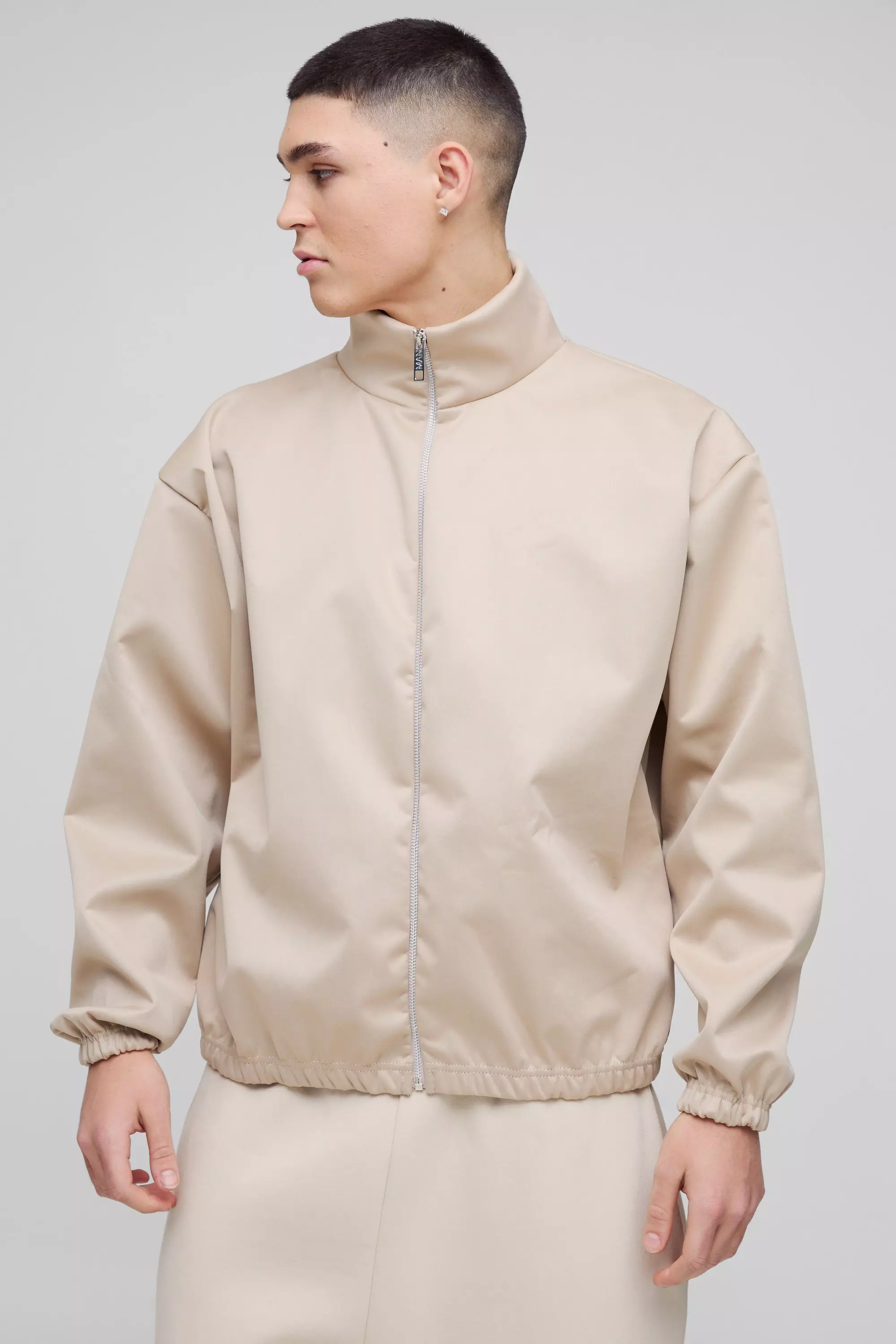 Stone Beige Extreme Oversized Boxy Scuba Zip Through Jacket