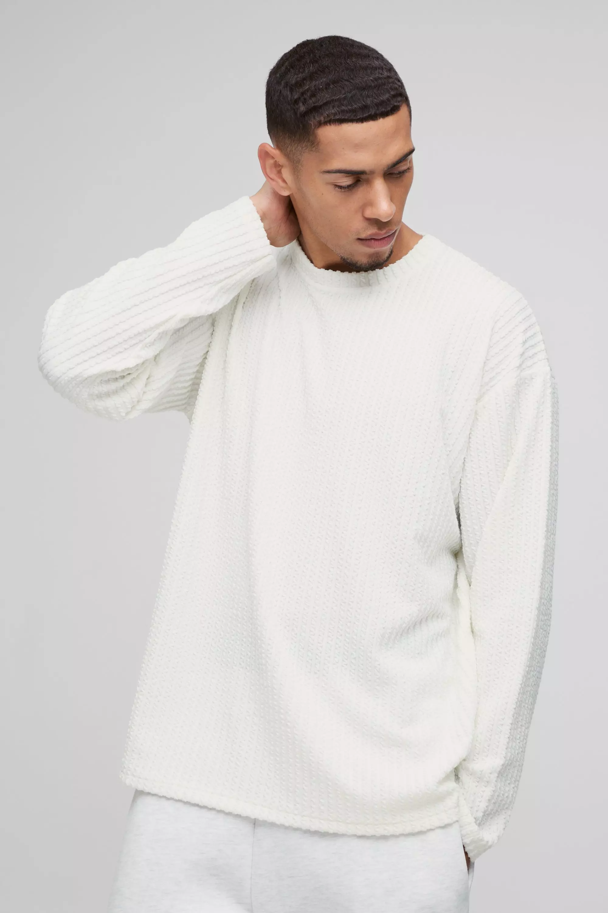 White Oversized Cable Jacquard Long Sleeve Sweatshirt