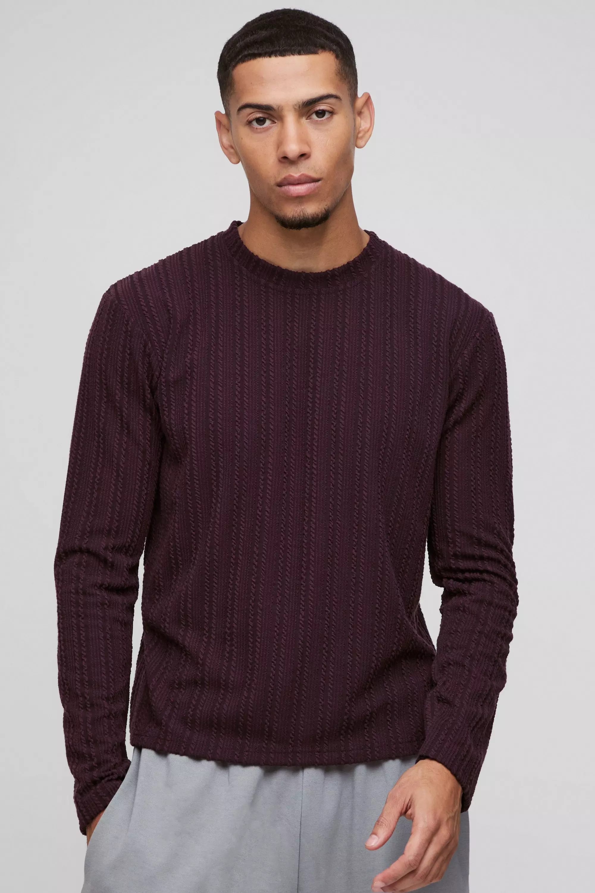 Langärmliges kastiges Zopfmuster-Sweatshirt, Plum alternatives Bild
