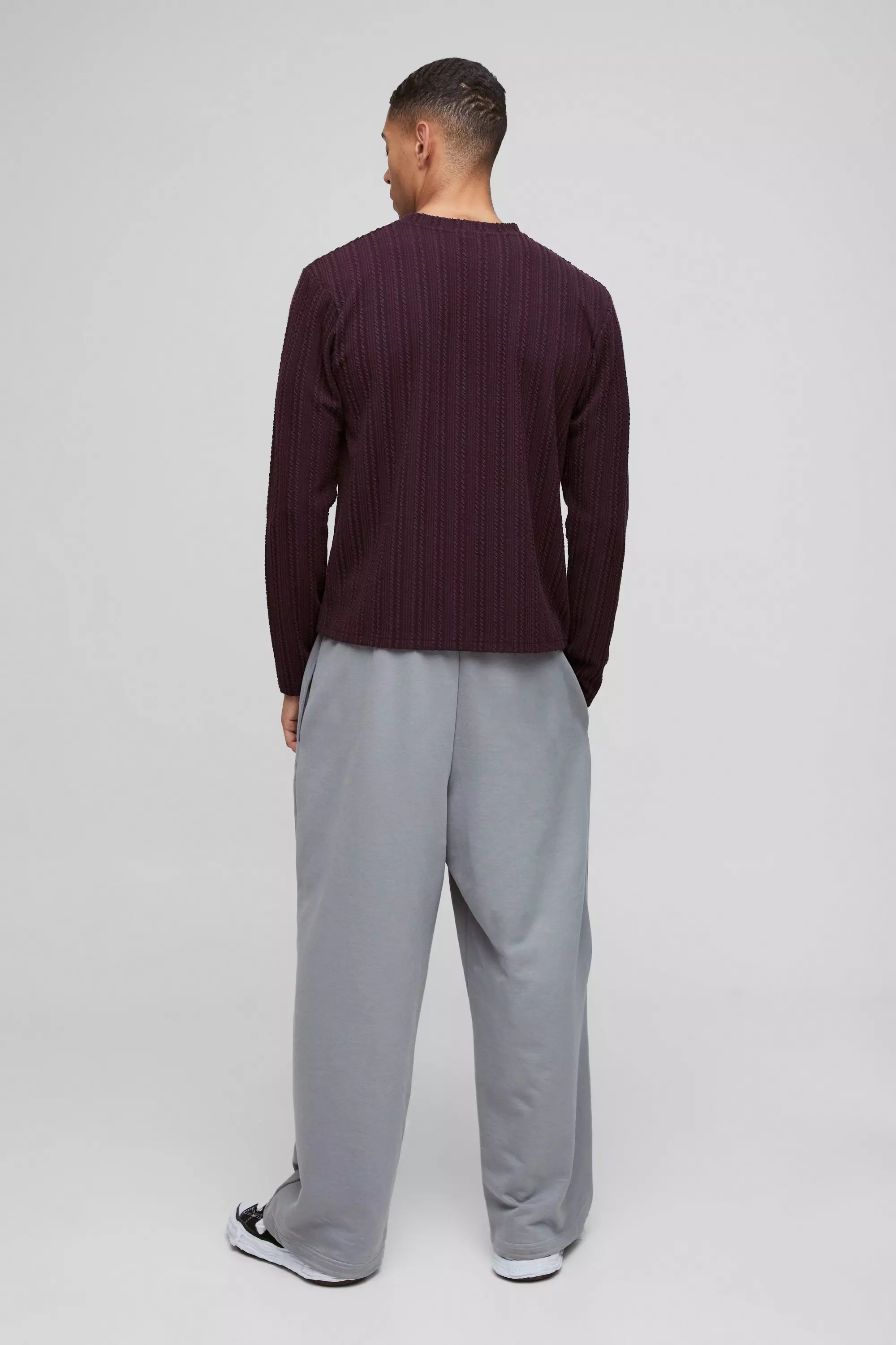 Langärmliges kastiges Zopfmuster-Sweatshirt, Plum alternatives Bild