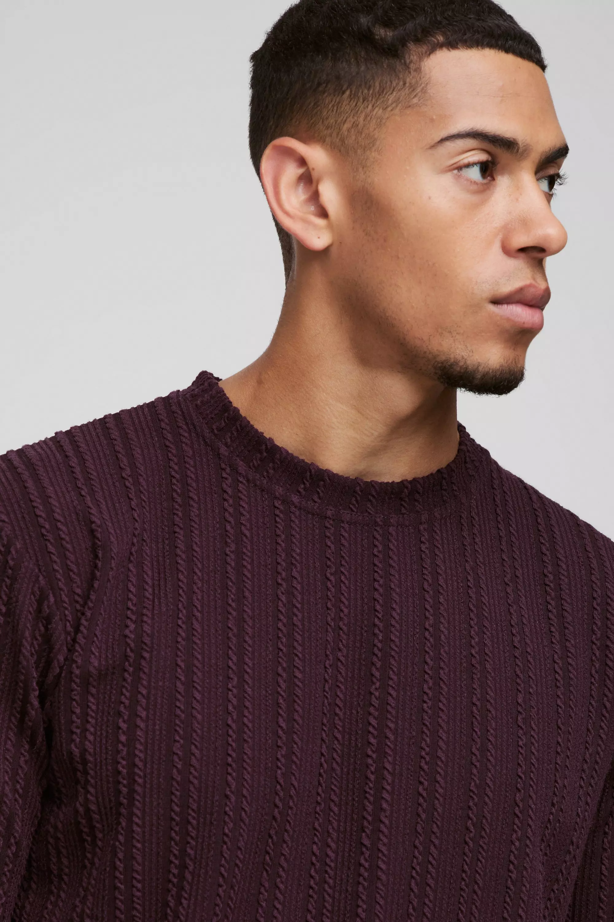 Langärmliges kastiges Zopfmuster-Sweatshirt, Plum alternatives Bild