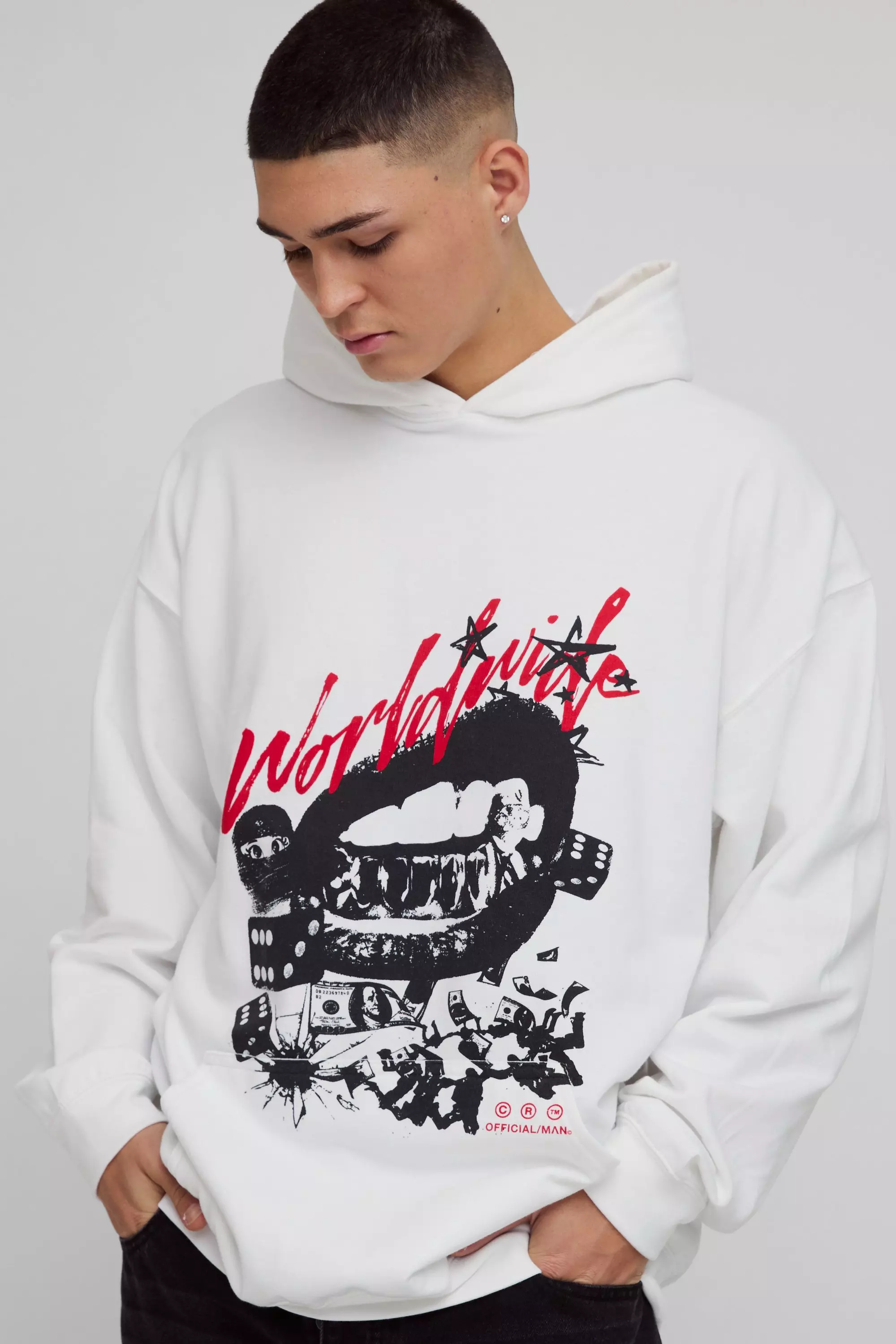 White Oversized Worldwide Money Graphic Hoodie alternative image