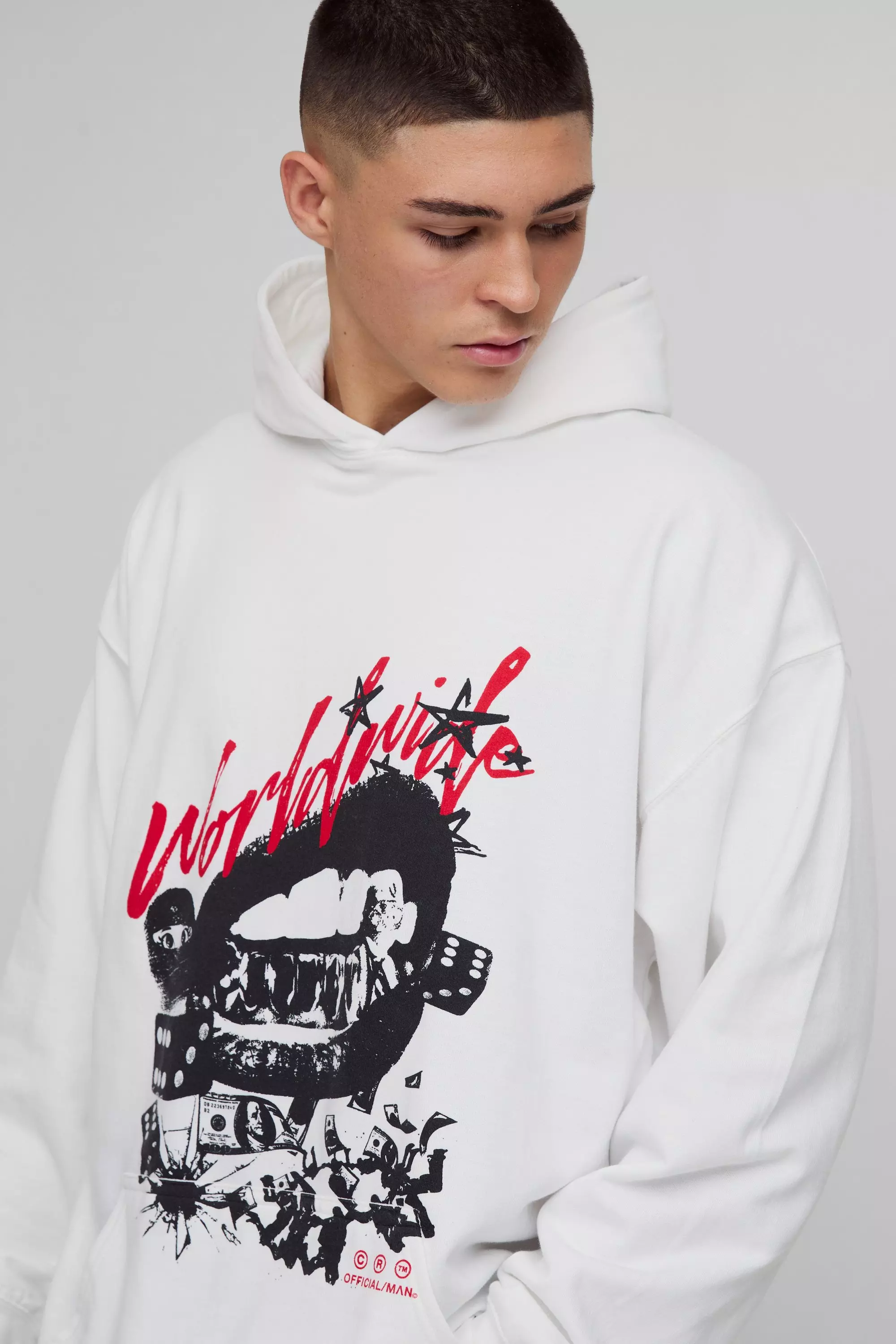 White Oversized Worldwide Money Graphic Hoodie alternative image