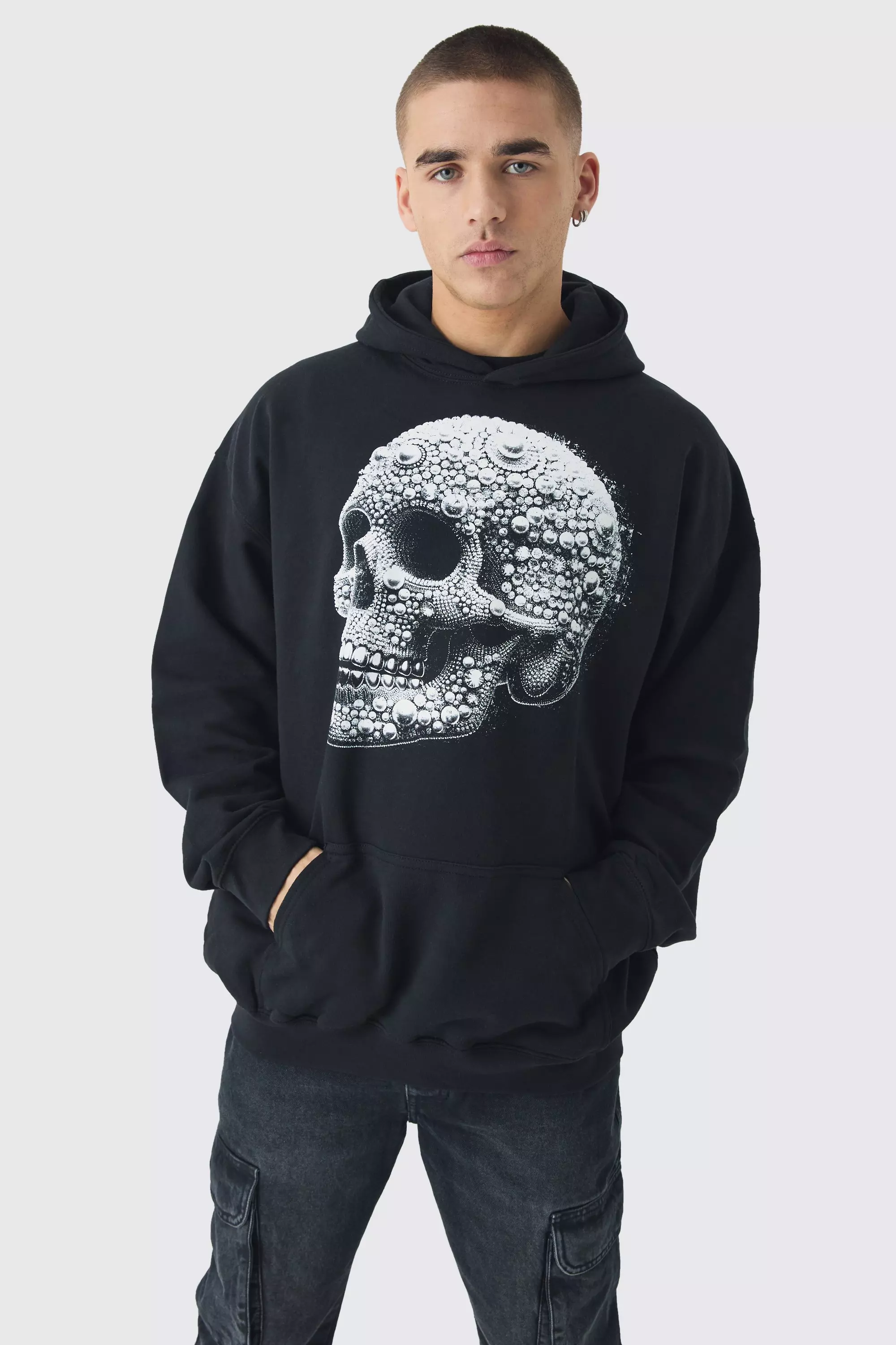 Black Oversized Skull Graphic Hoodie alternative image