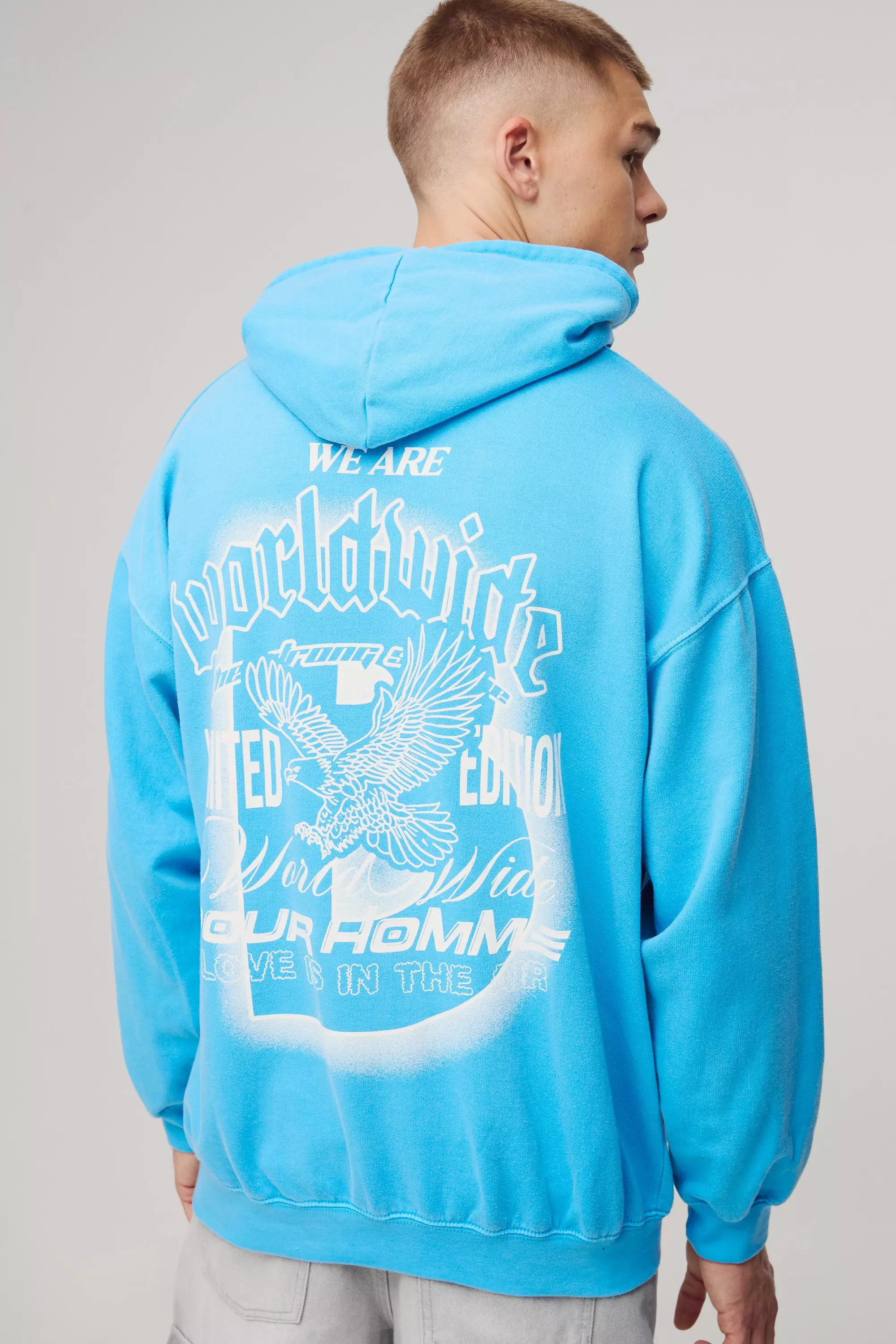 Oversized Worldwide Eagle Graphic Washed Hoodie Blue