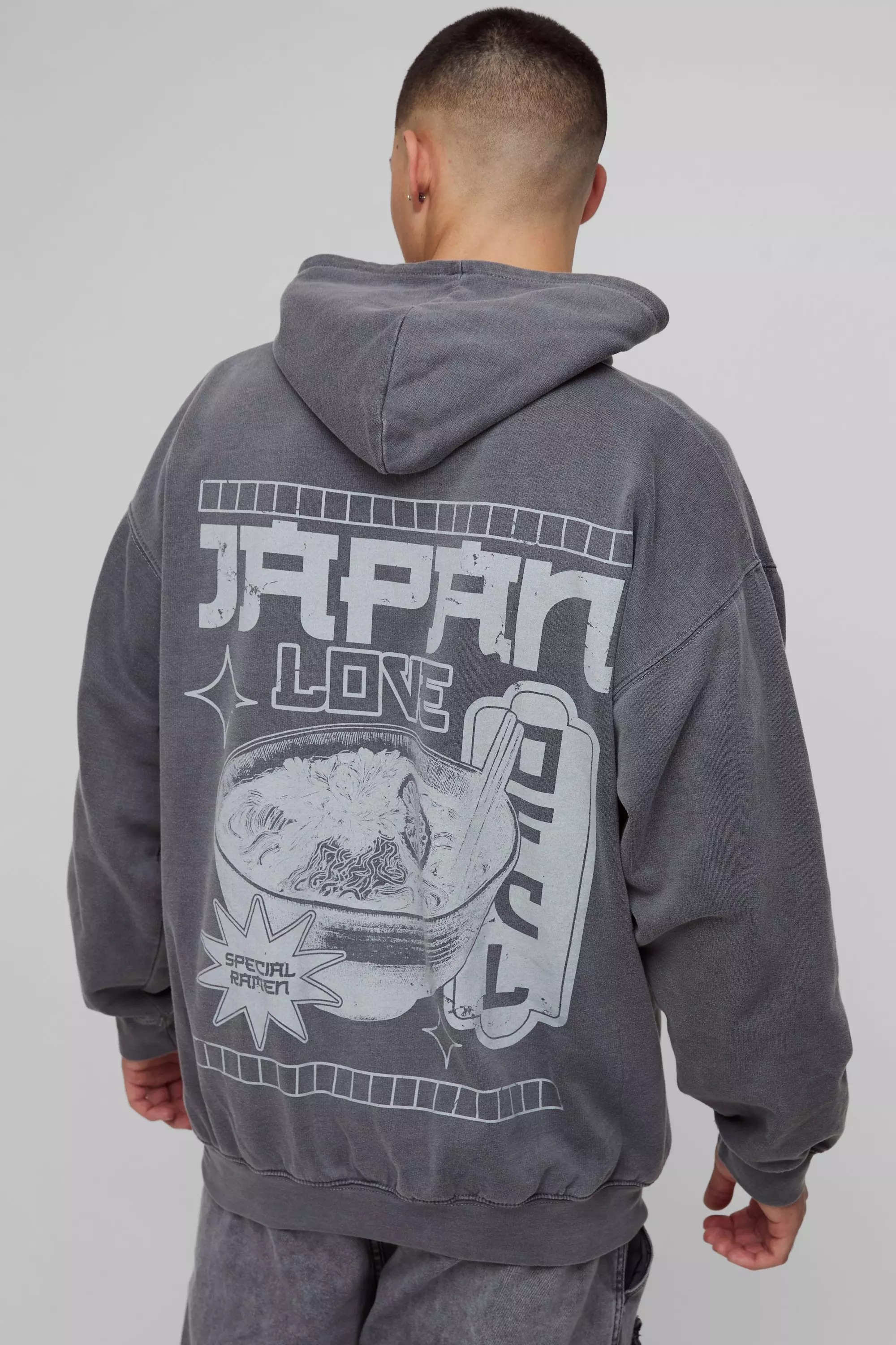 Sweat à capuche oversize délavé à imprimé Japon, Charcoal autre image