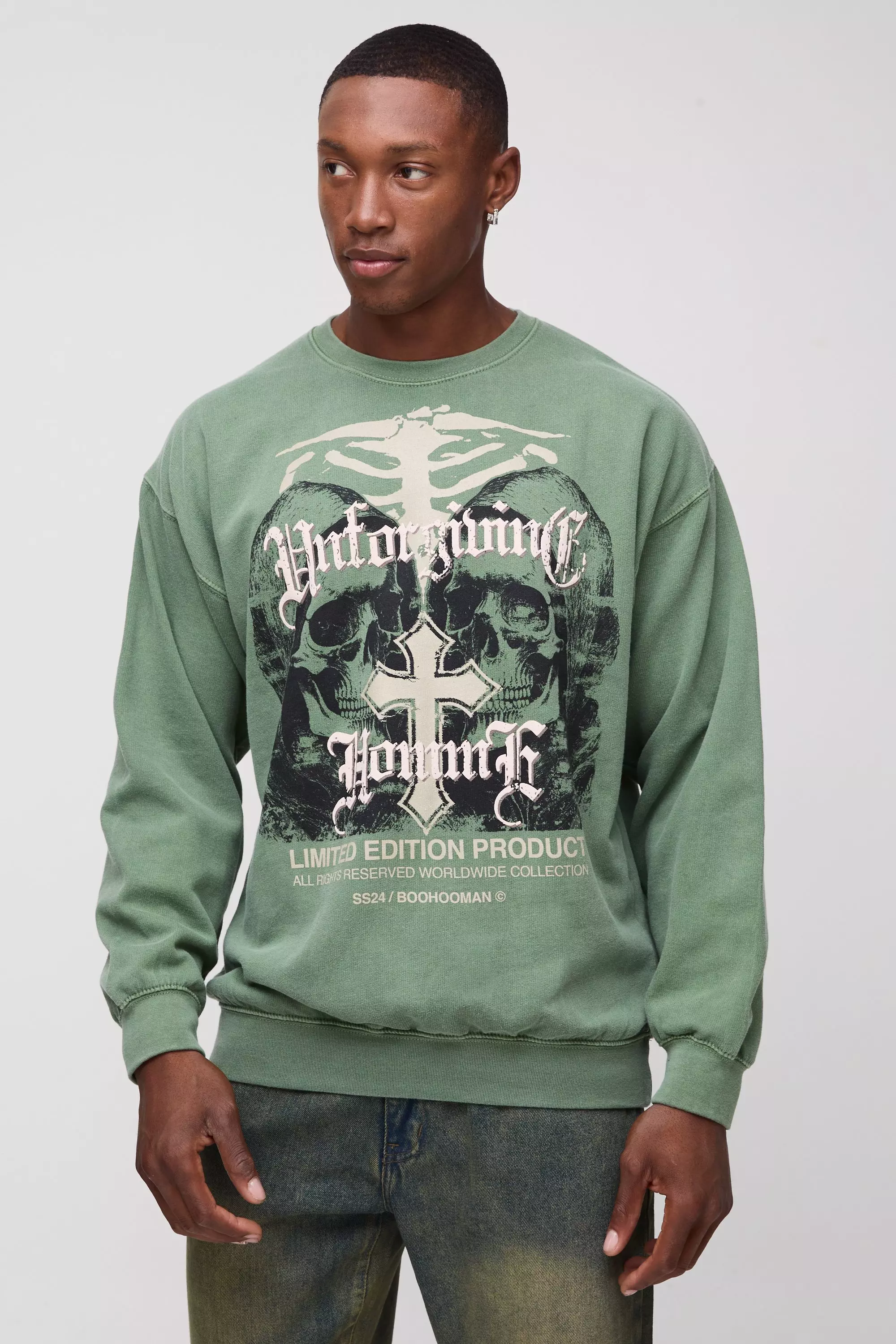 Oversized Washed Gothic Skull Puff Print Graphic Sweatshirt Khaki