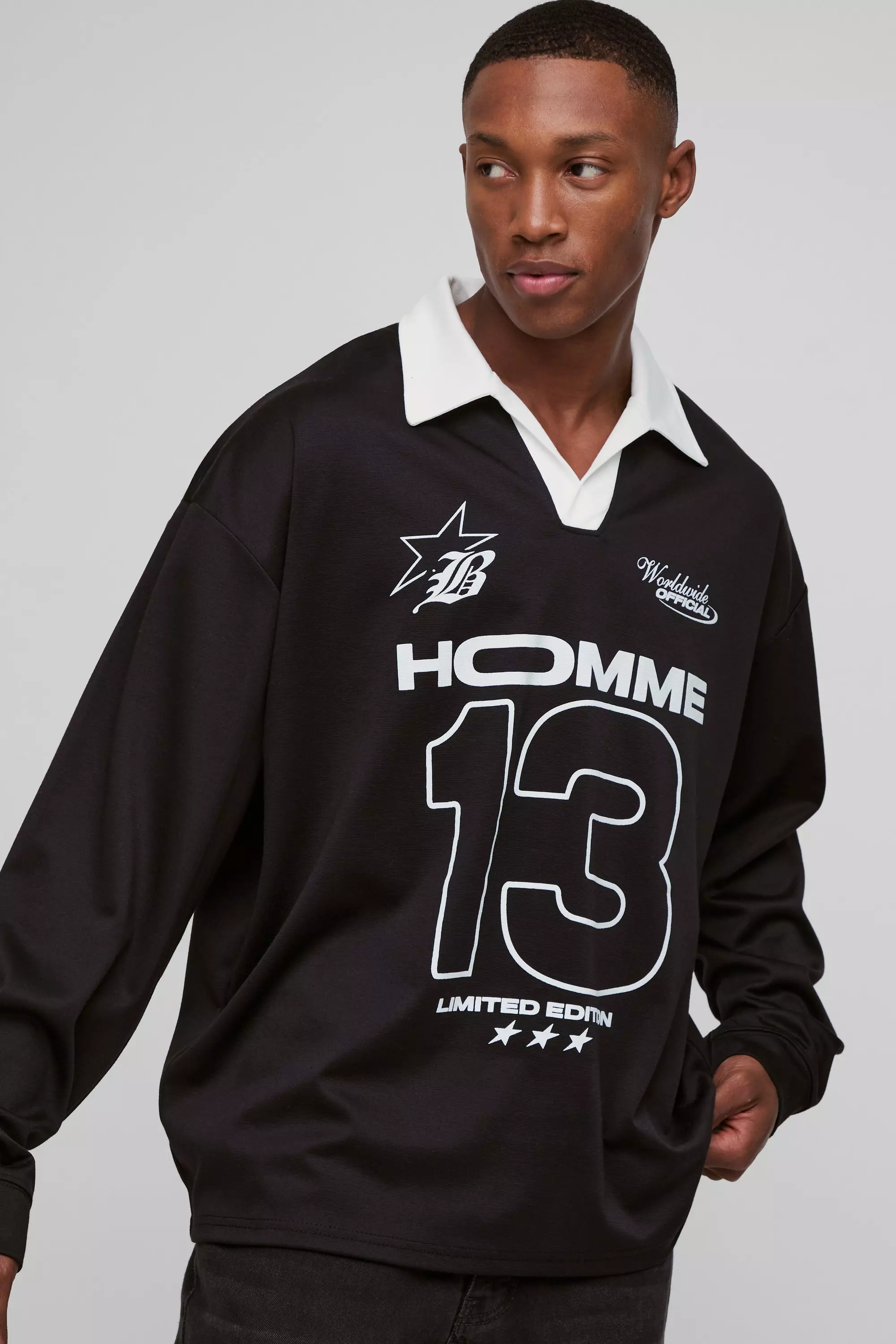 Oversized Moto Graphic Long Sleeve Rugby Polo Black