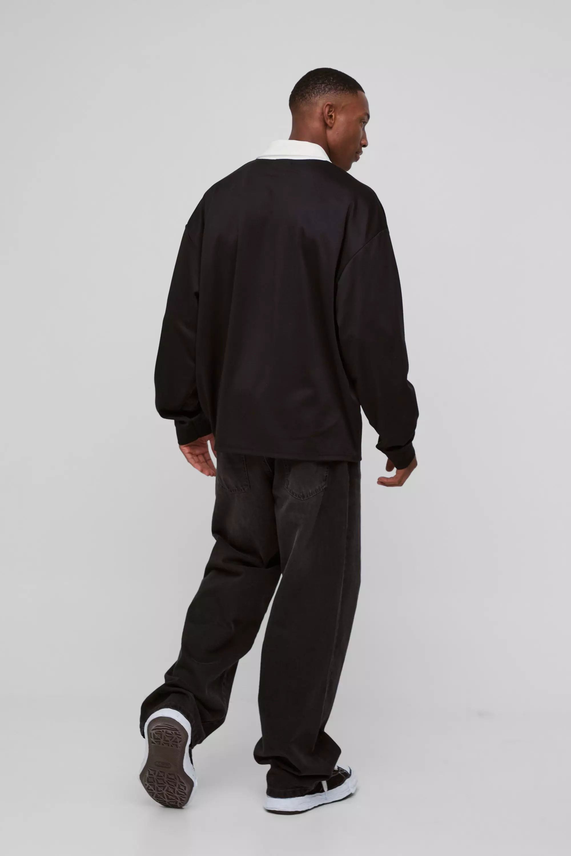 Black Oversized Moto Graphic Long Sleeve Rugby Polo alternative image