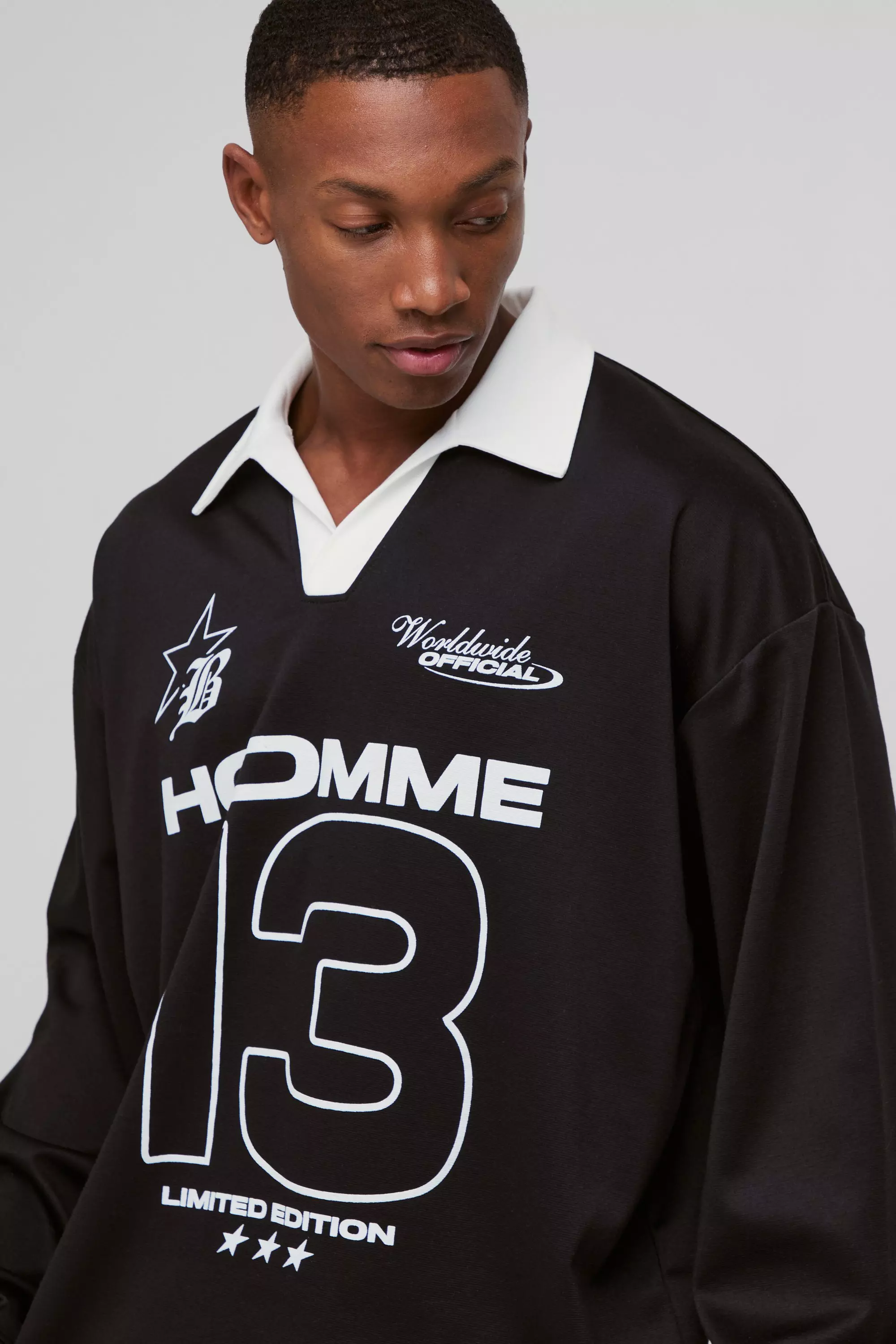 Black Oversized Moto Graphic Long Sleeve Rugby Polo alternative image