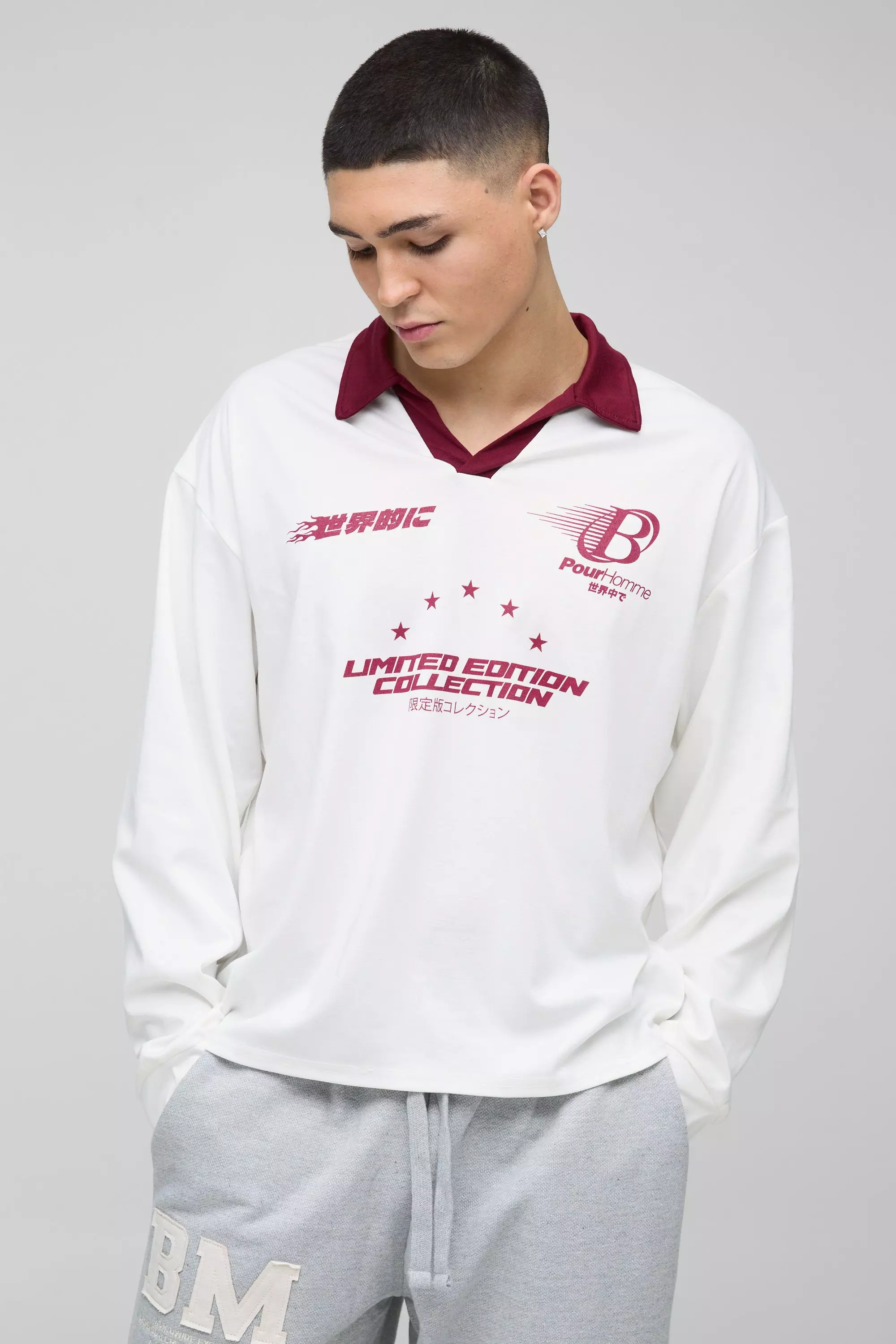 Ecru Oversized Moto Rugby Polo Met Lange Mouwen alternatieve afbeelding