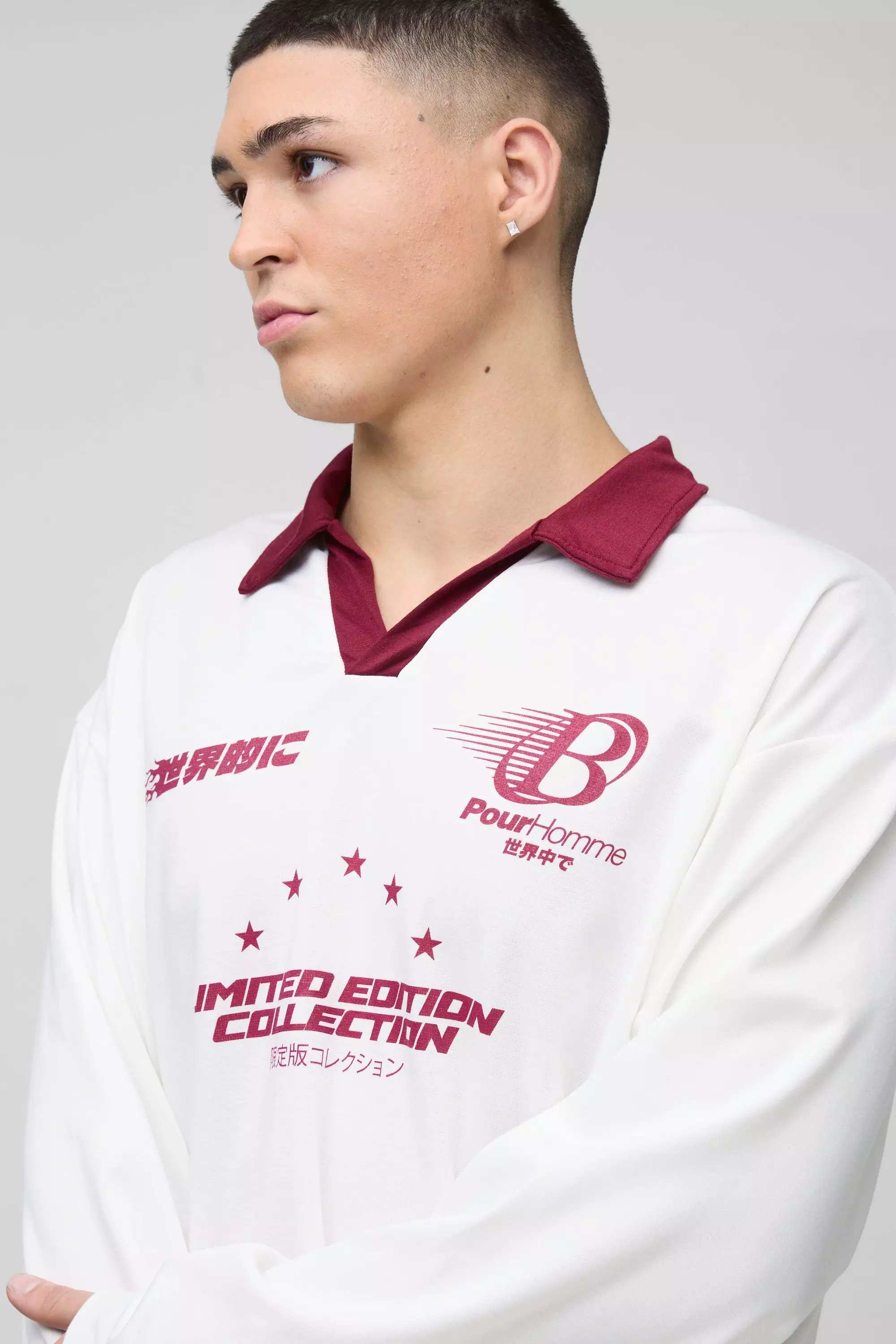 Ecru Oversized Moto Rugby Polo Met Lange Mouwen alternatieve afbeelding