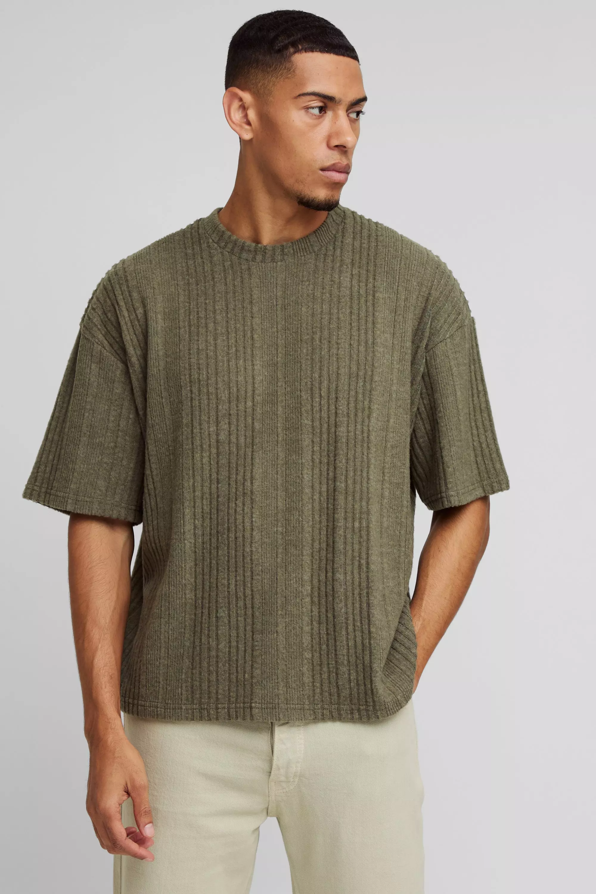 Oversized Marl Brushed Rib T-shirt Khaki