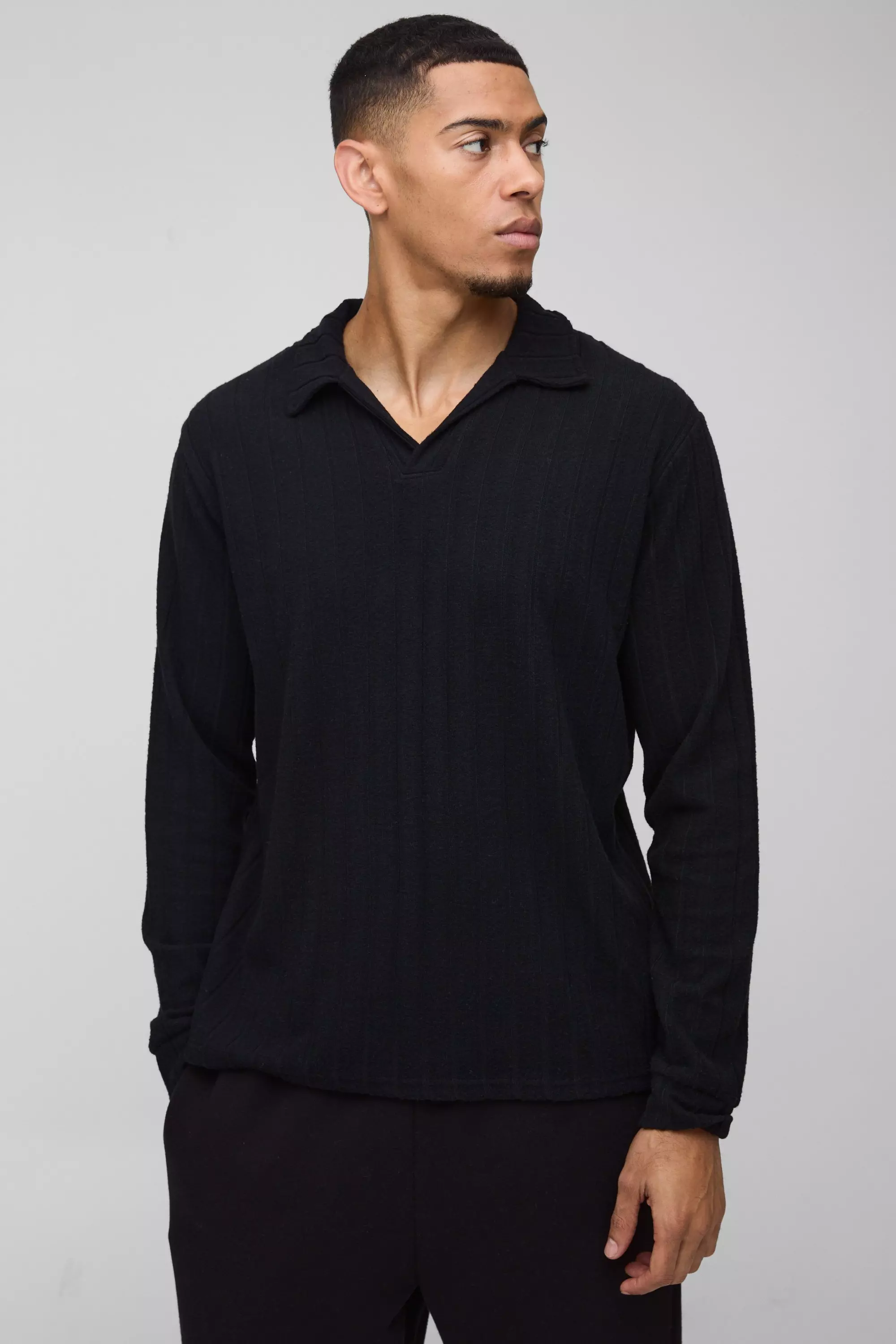 Black Brushed Wide Rib Revere Long Sleeve Polo