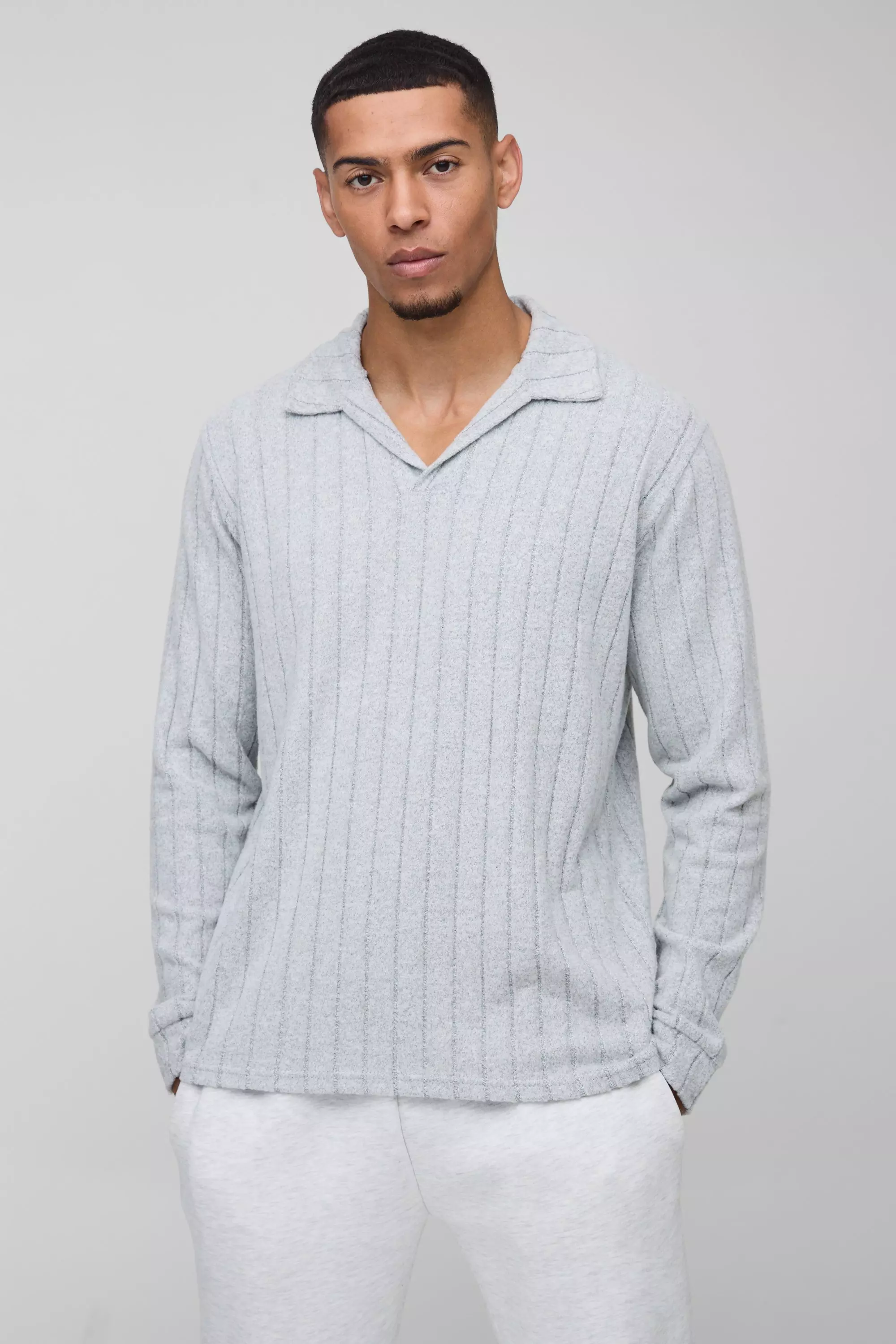 Grey Brushed Wide Rib Revere Long Sleeve Polo