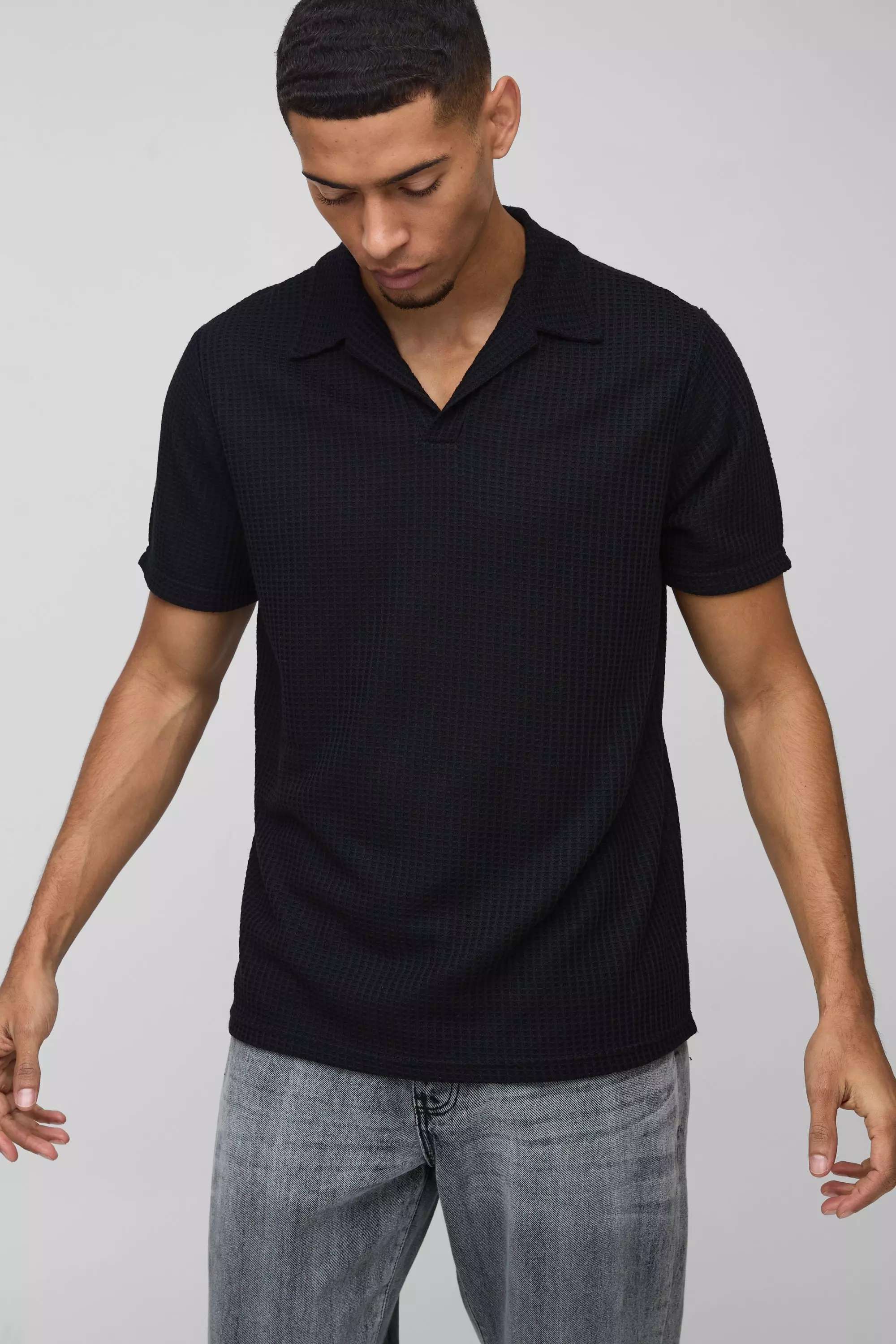 Black Regular Fit Waffle Revere Polo