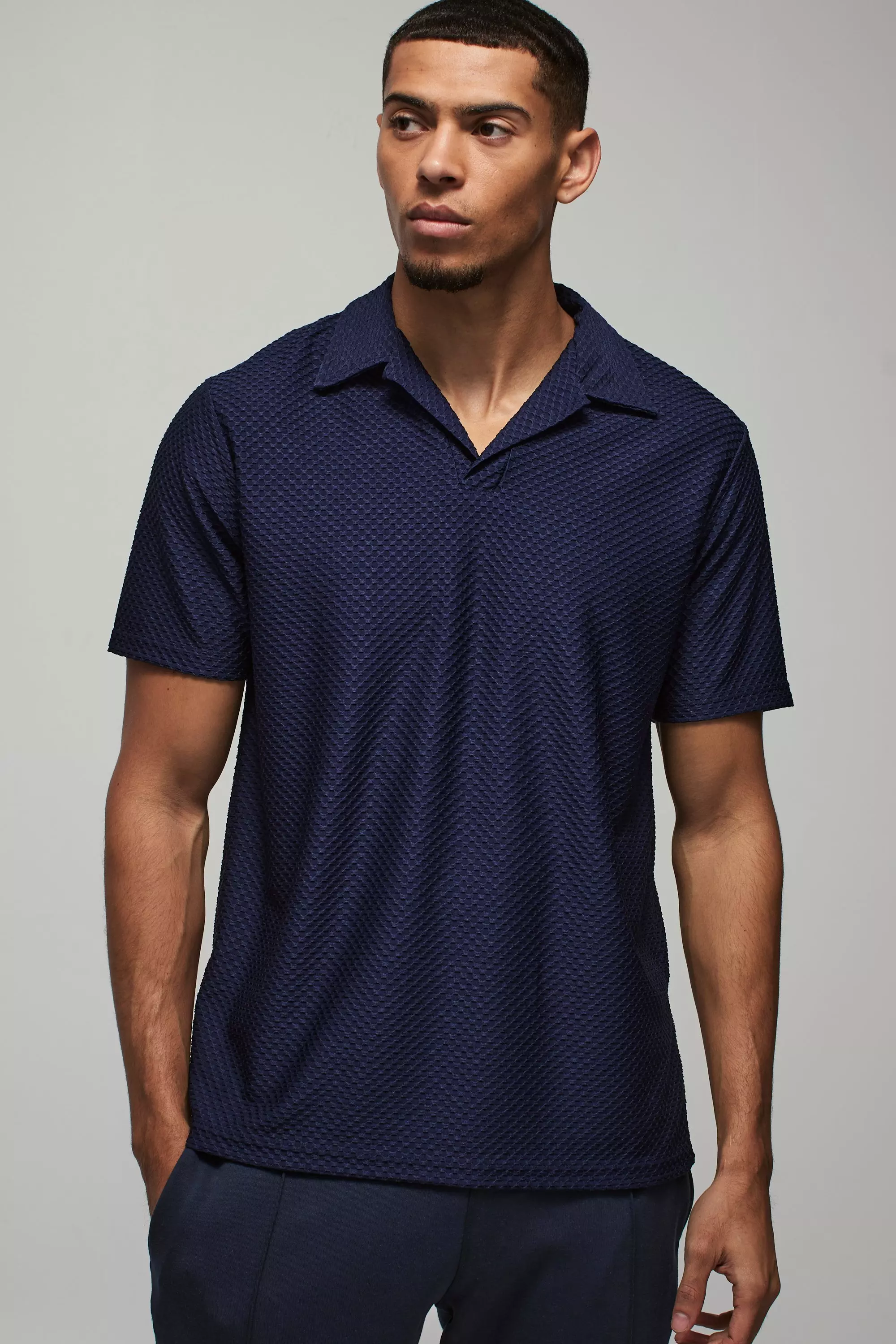 Regular Fit Textured Revere Polo Navy