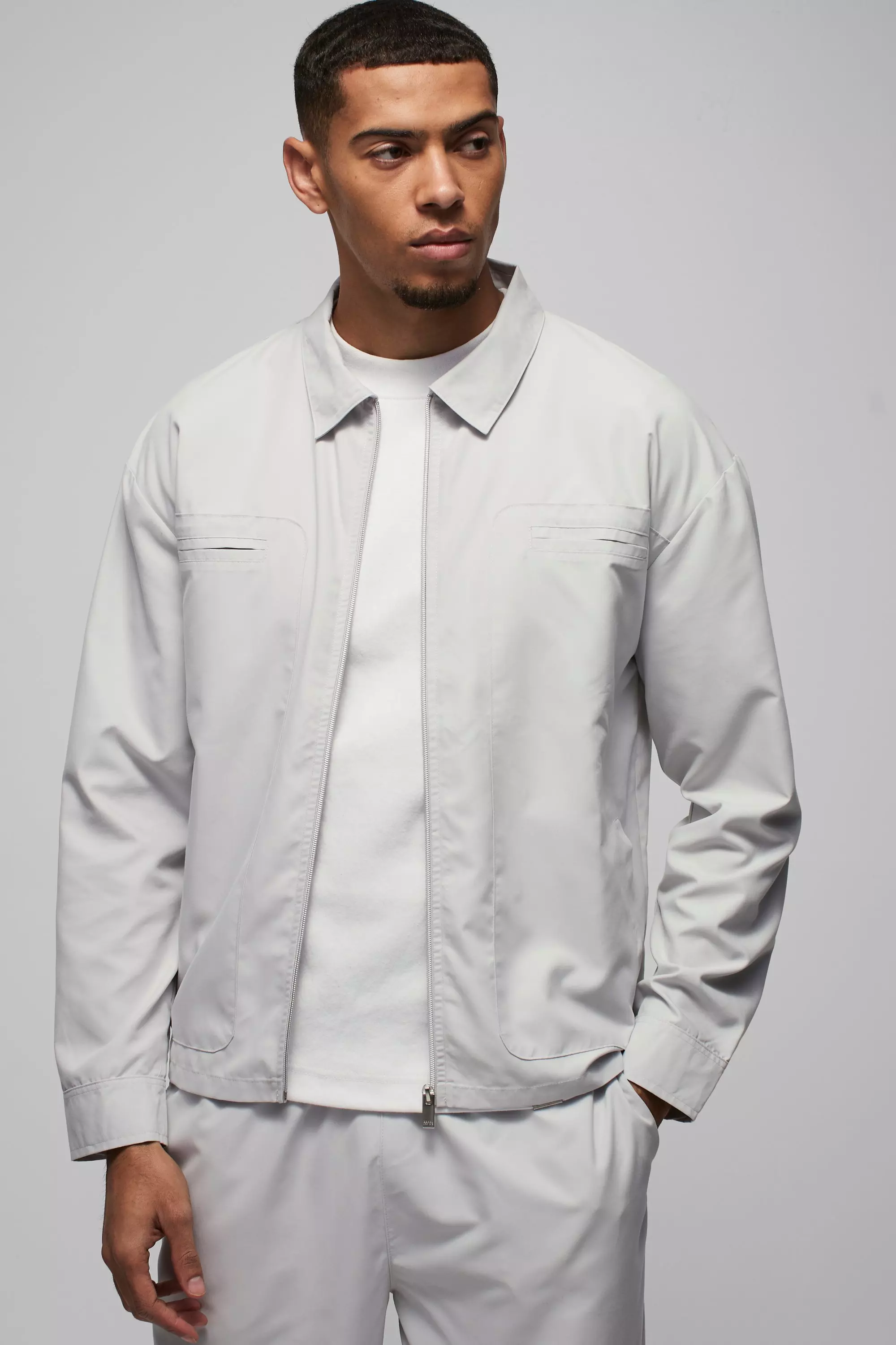 Grey Regular Fit Pocket Detail Nylon Shirt Jacket