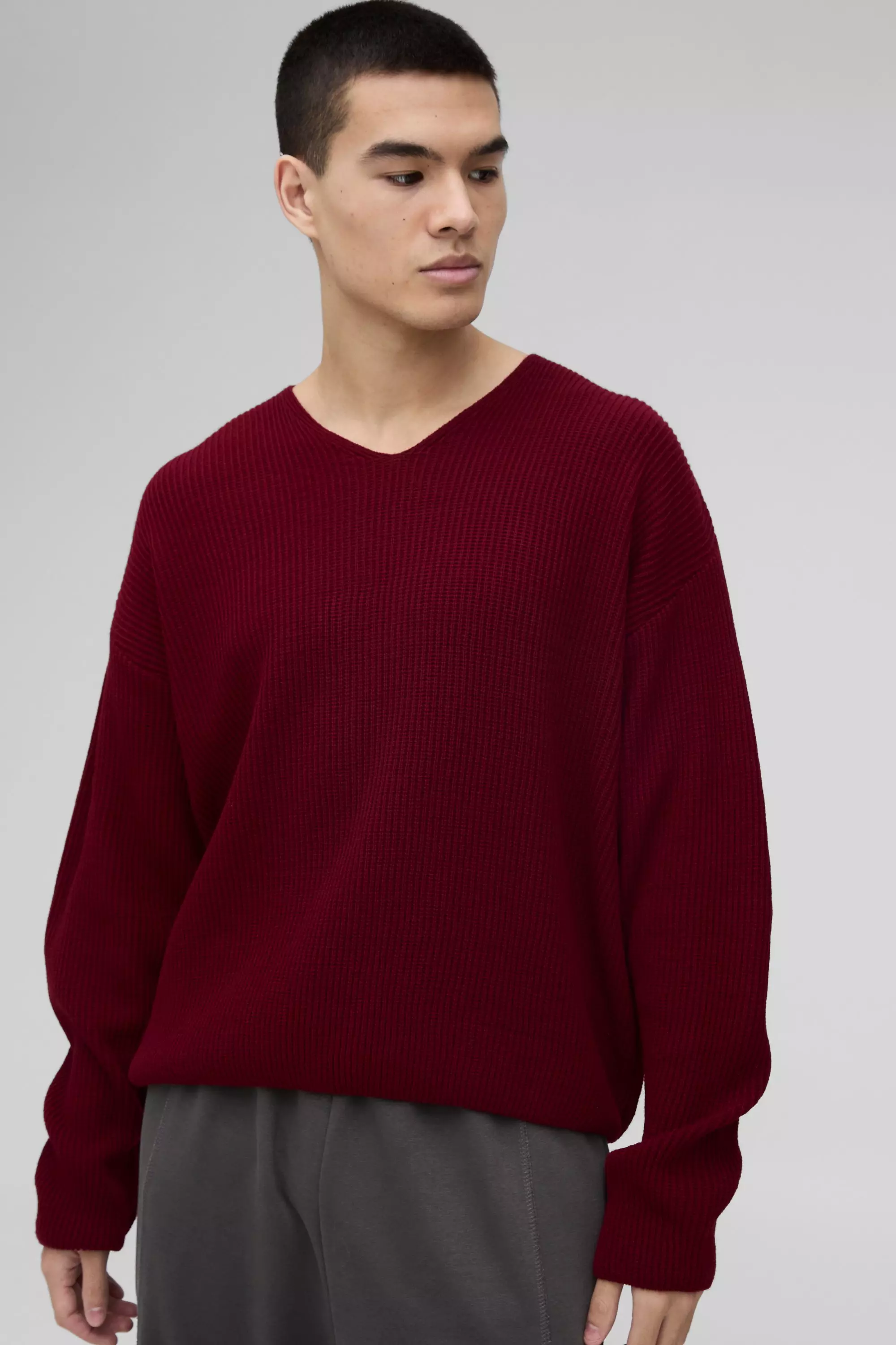 Burgundy Wafel Gebreide Boxy Trui Met V-Hals alternatieve afbeelding