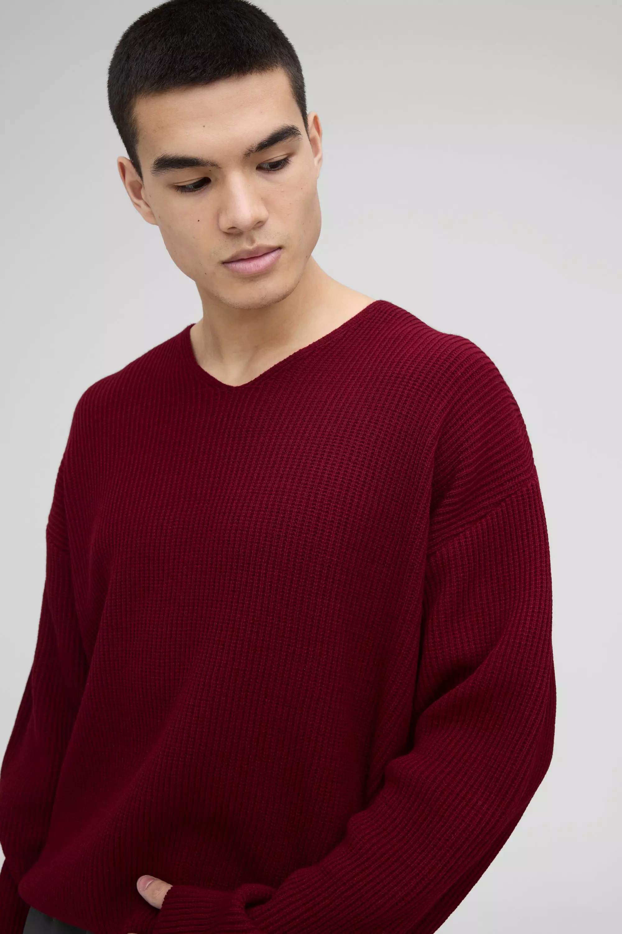Burgundy Wafel Gebreide Boxy Trui Met V-Hals alternatieve afbeelding