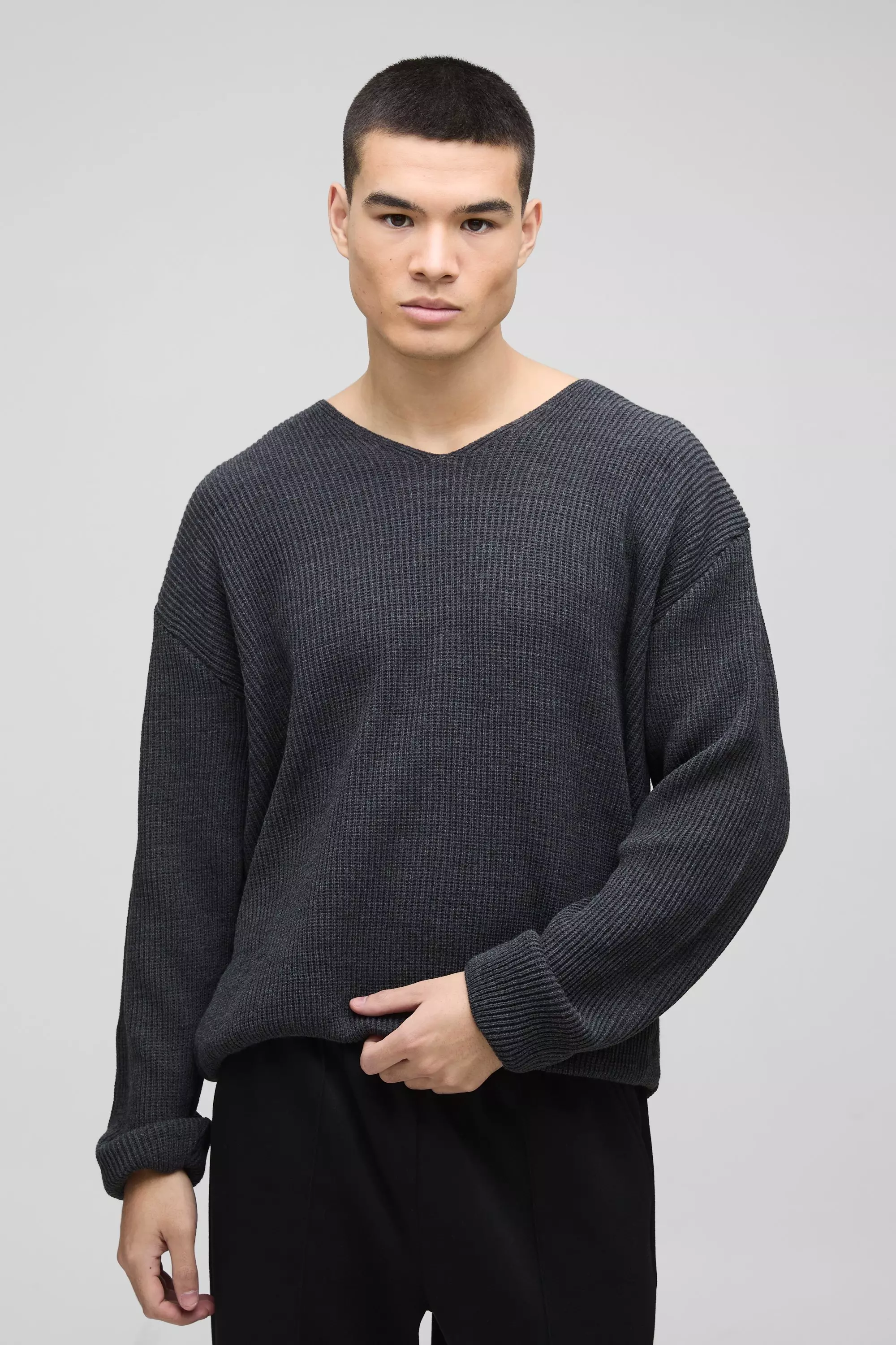 Charcoal Boxy V Neck Waffle Knit Jumper alternative image
