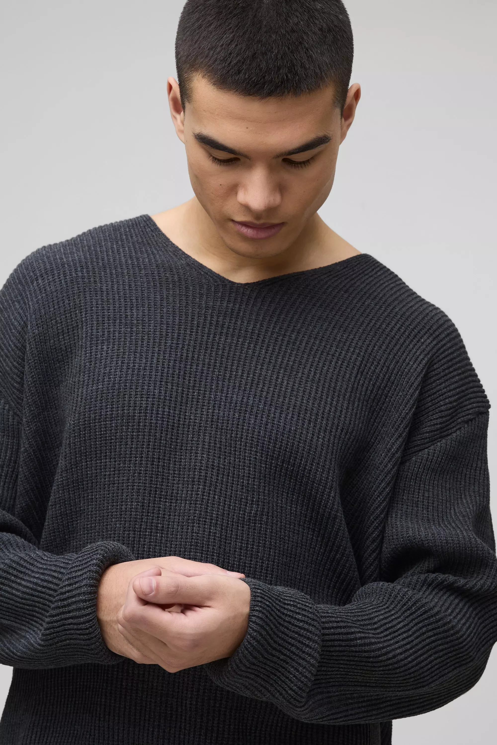 Charcoal Boxy V Neck Waffle Knit Jumper alternative image