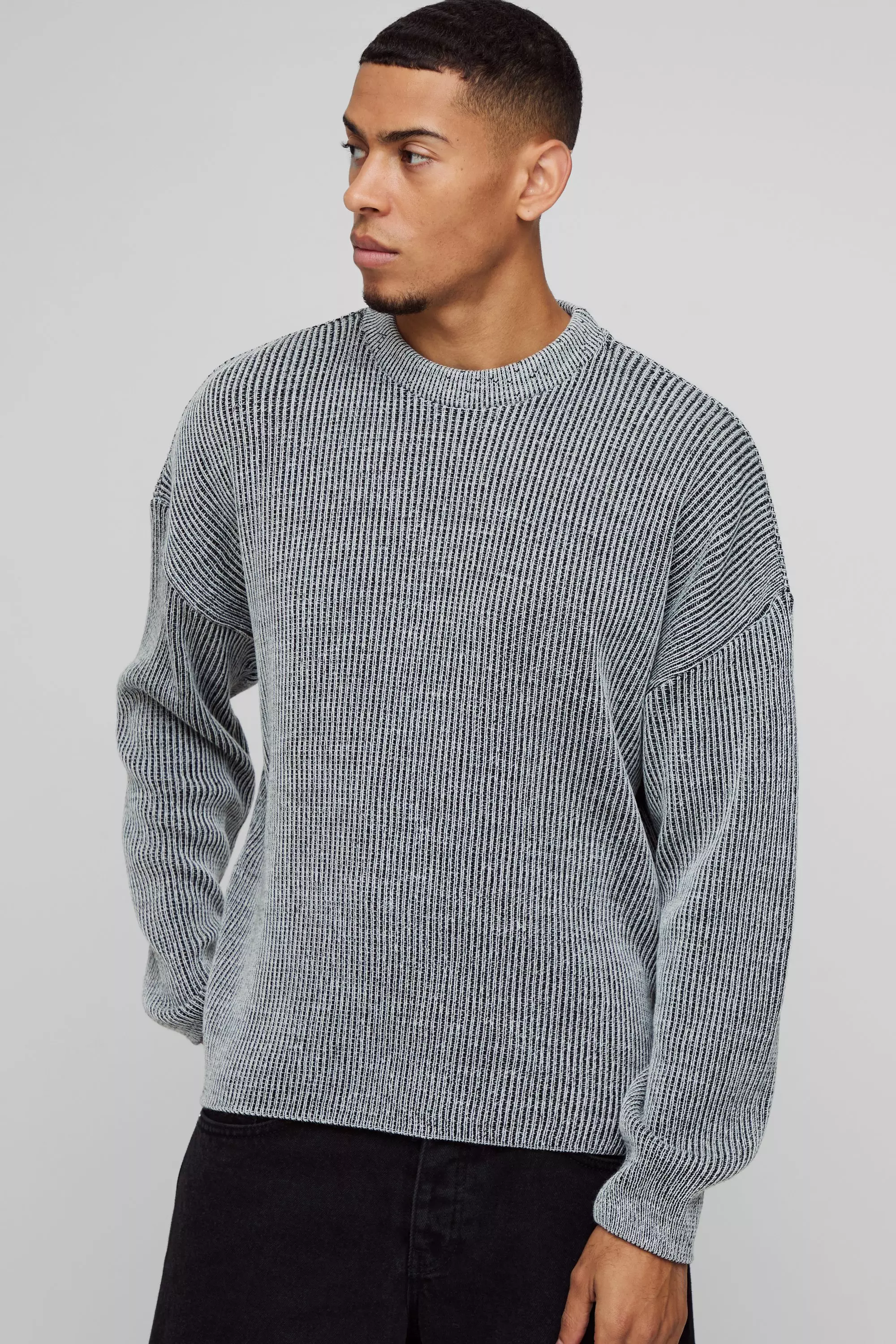 Boxy Crew Neck Dropped Shoulder Plated Ribbed Knit Jumper Black