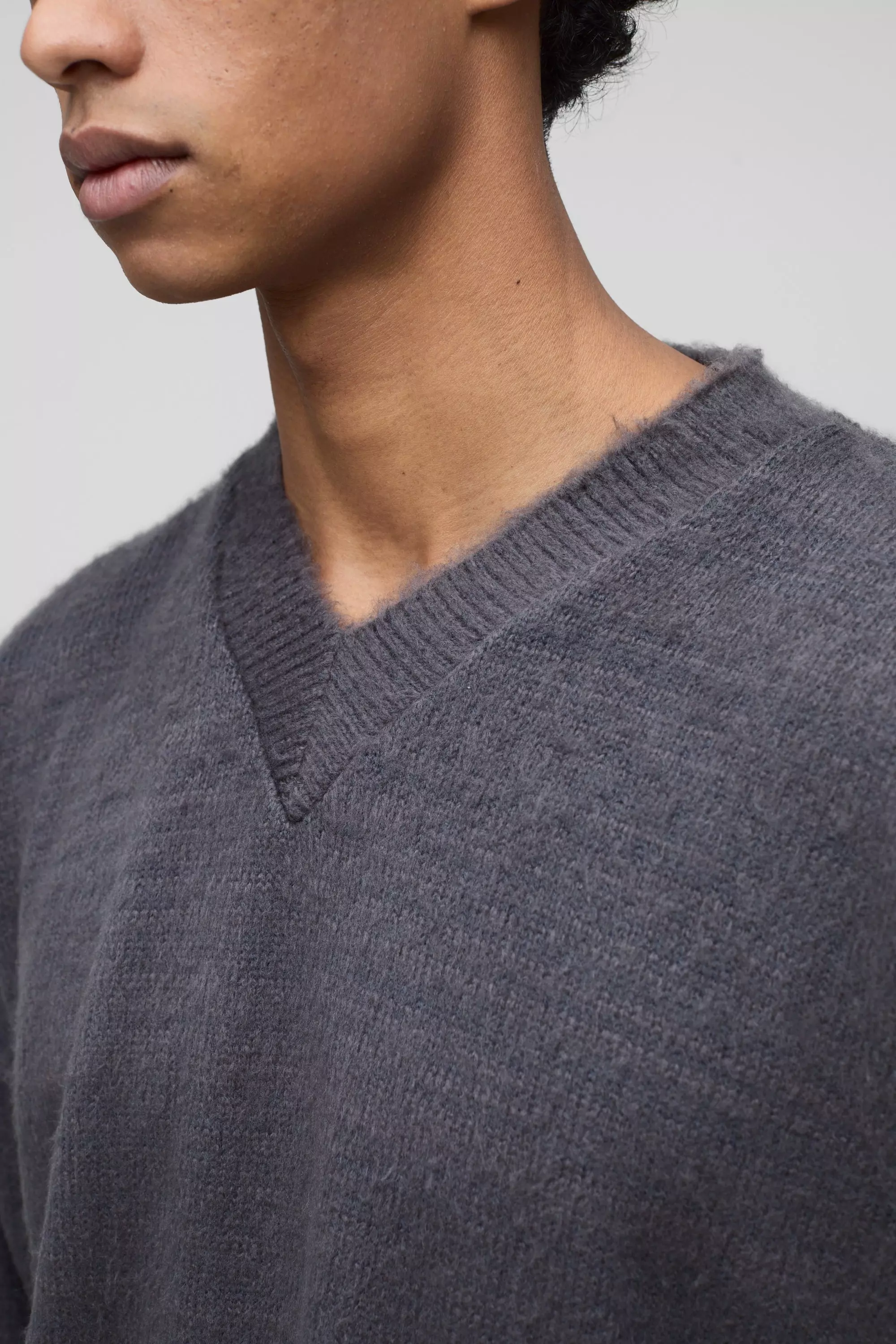 Oversized Dropped Shoulder Fluffy V Neck Knit Sweater