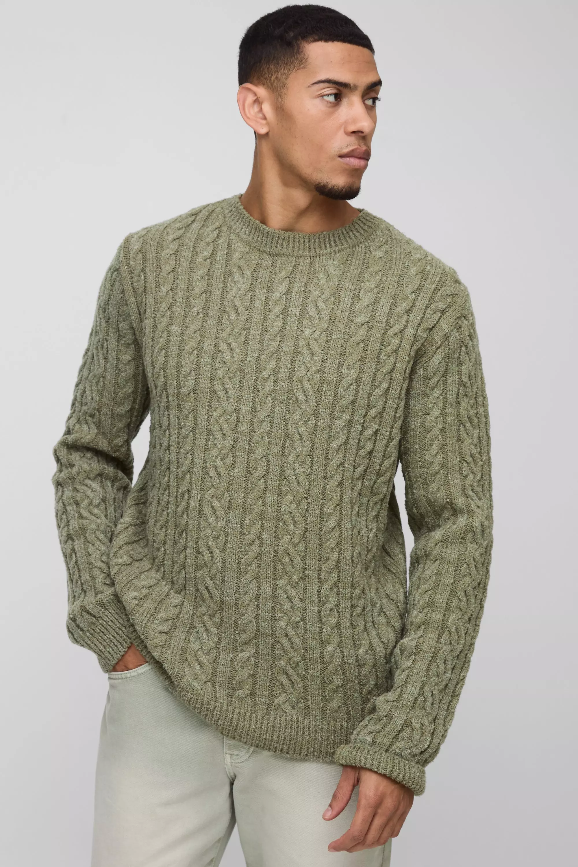 Olive Regular Fit Boucle Cable Knit Crew Neck Jumper alternative image