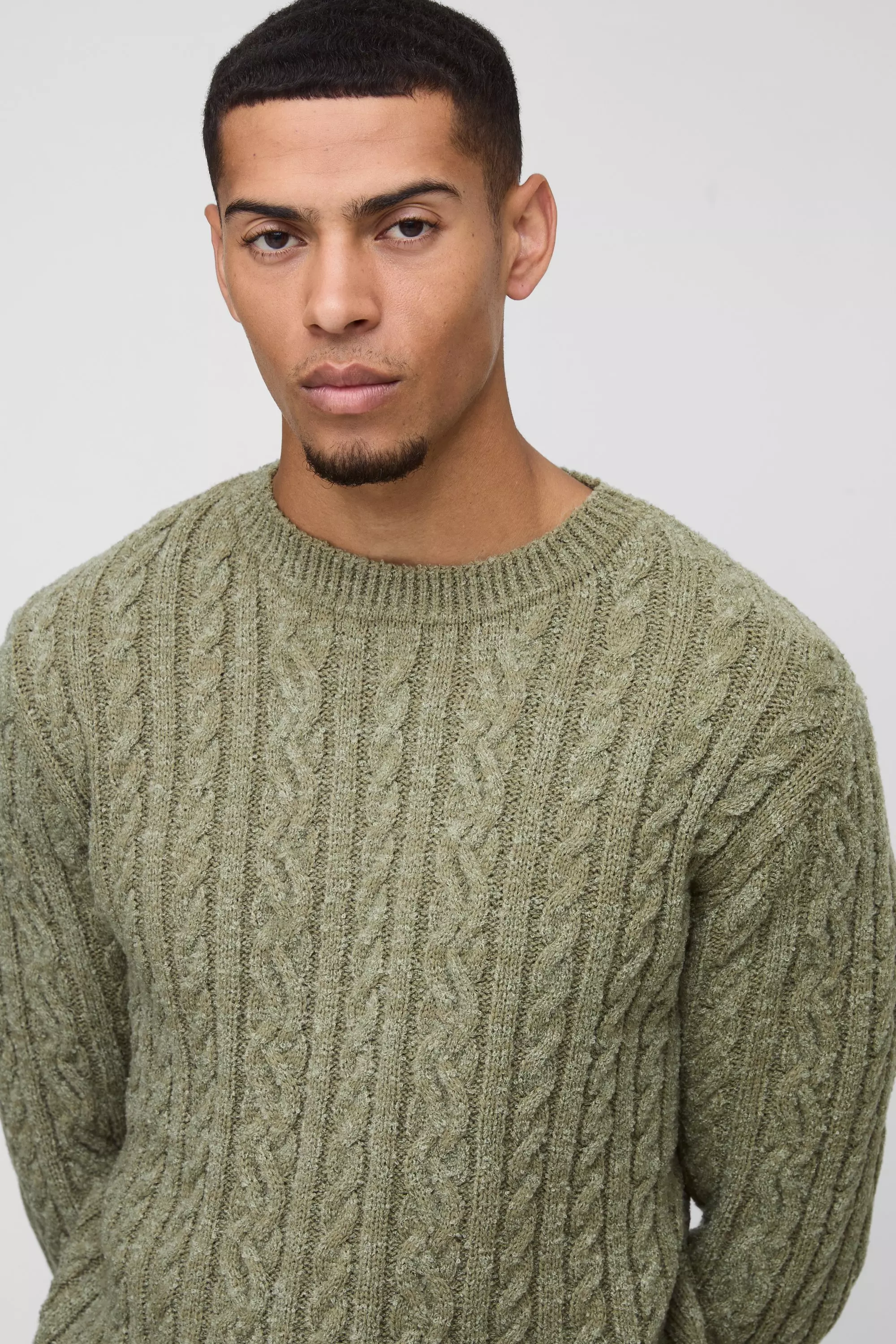 Olive Regular Fit Boucle Cable Knit Crew Neck Jumper alternative image