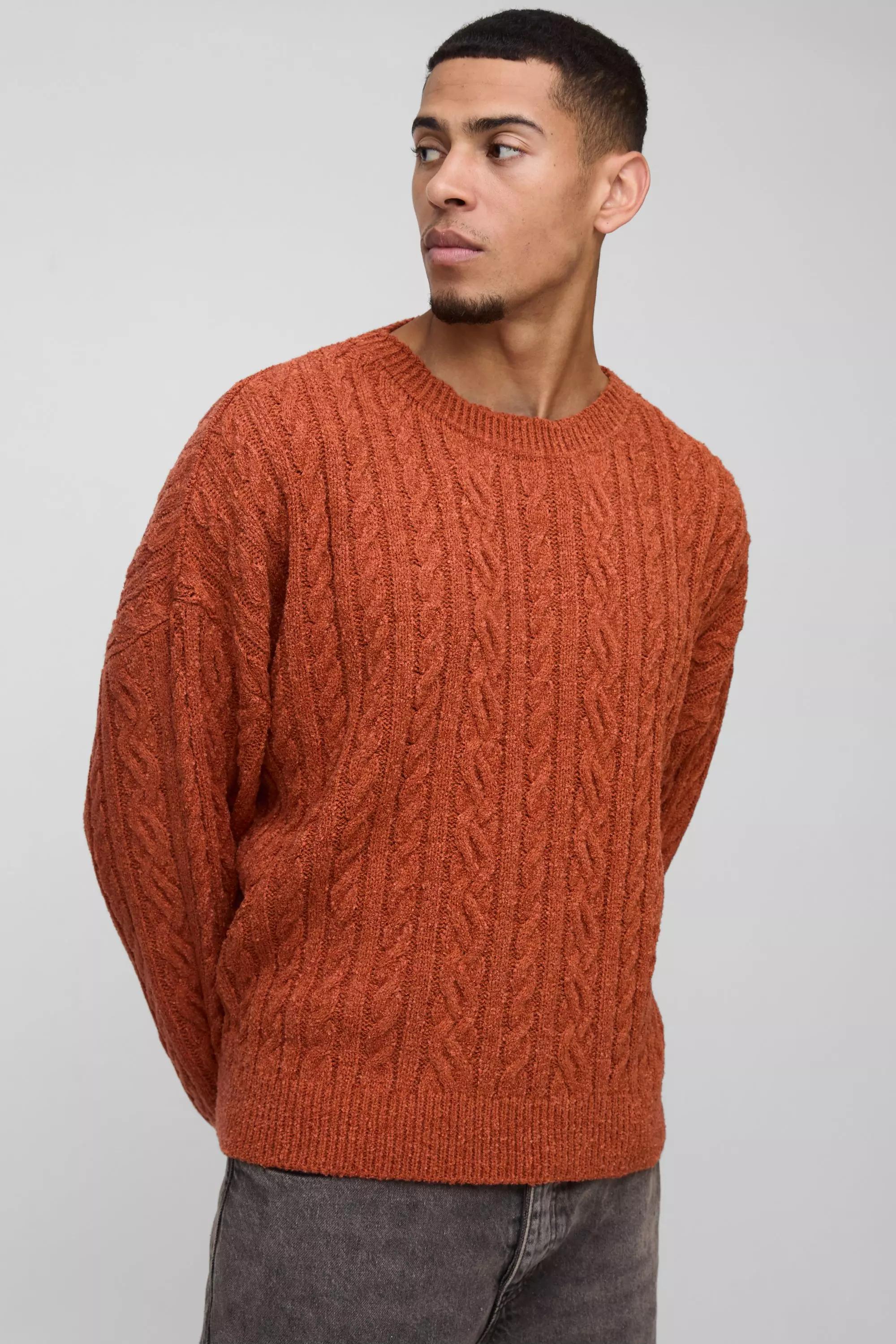Rust Boucle Cable Knit Crew Neck Oversized Jumper alternative image