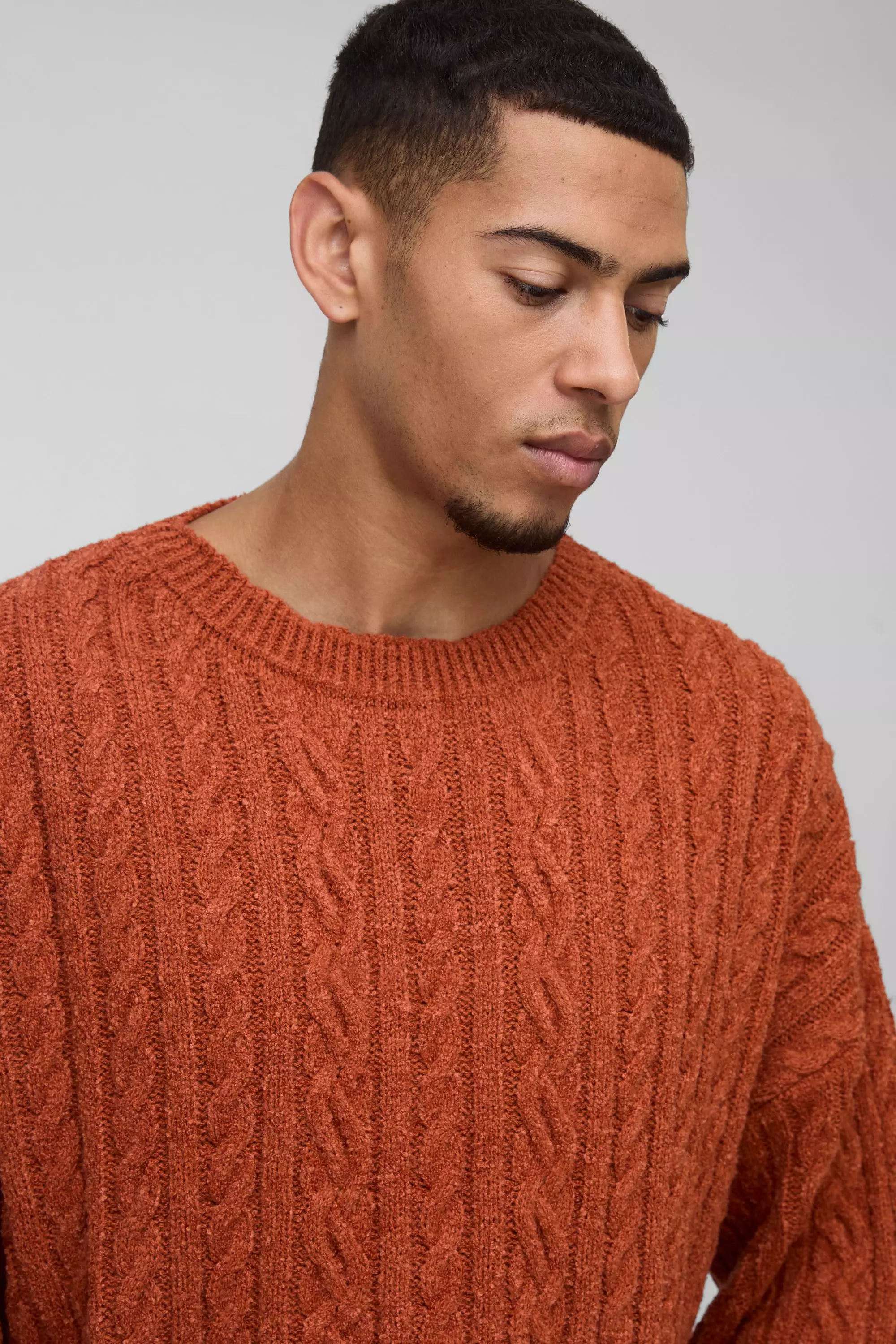 Rust Boucle Cable Knit Crew Neck Oversized Jumper alternative image