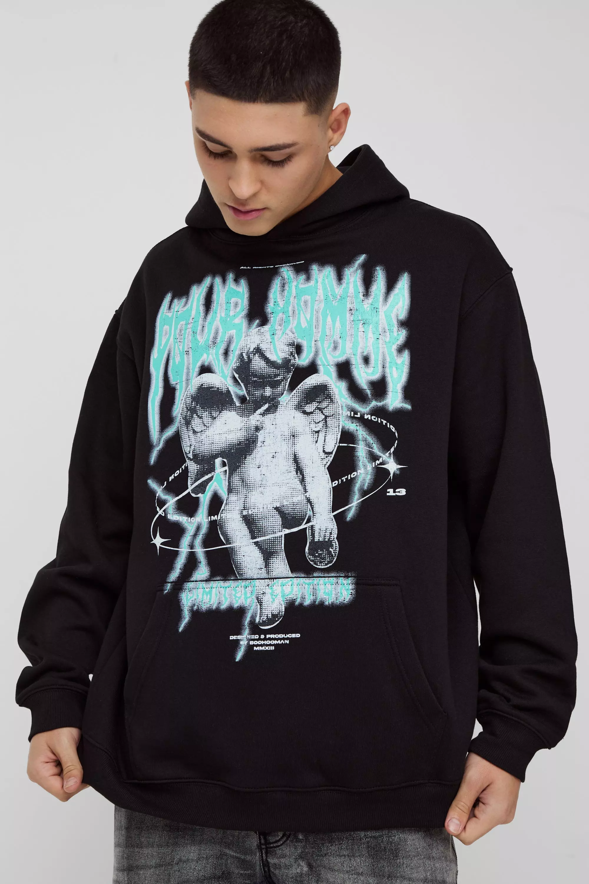 Black Oversized Angel Graphic Hoodie