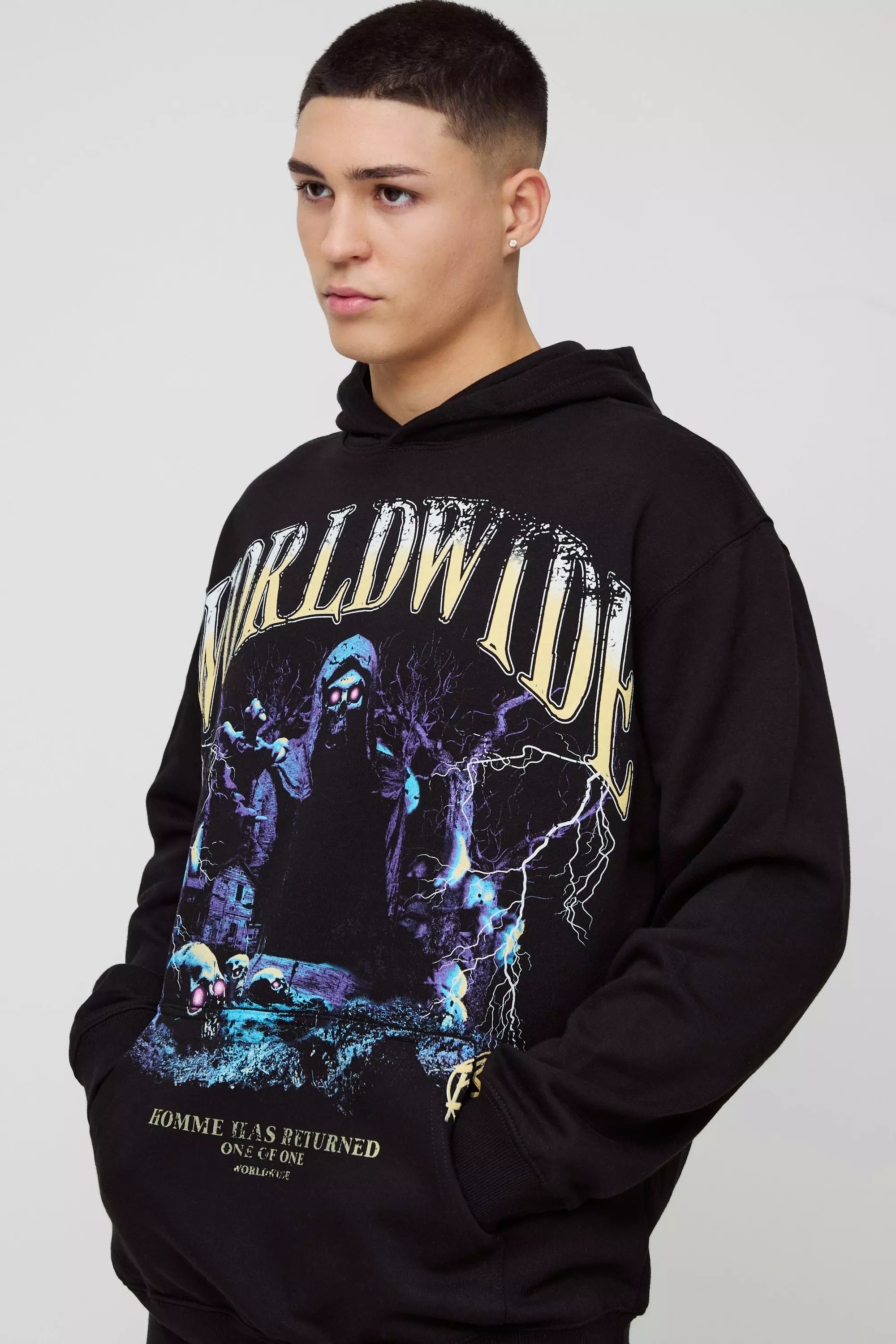 Oversized Worldwide Skeleton Graphic Hoodie Black