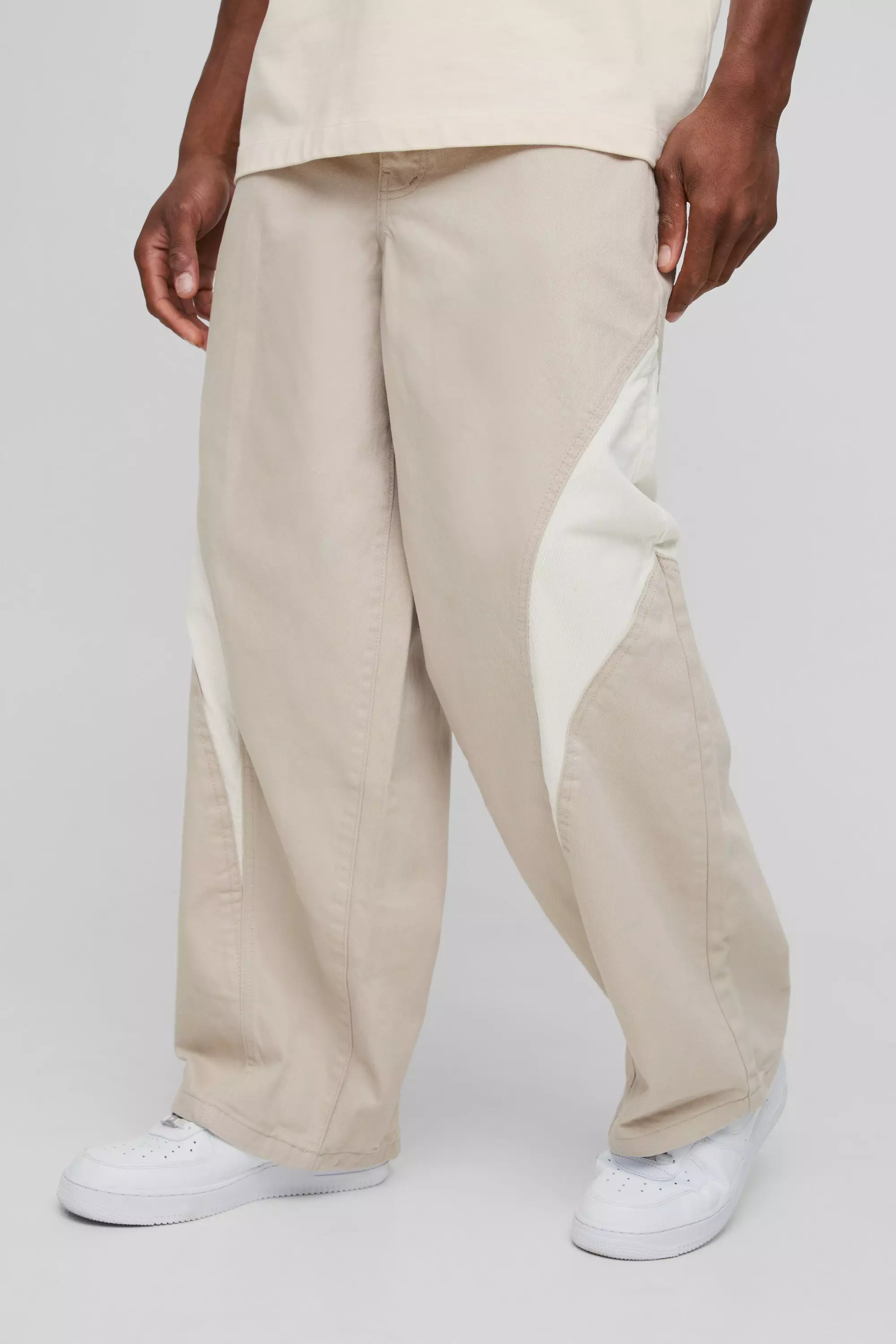 Baggy Corduroy & Twill Panelled Trousers Tan