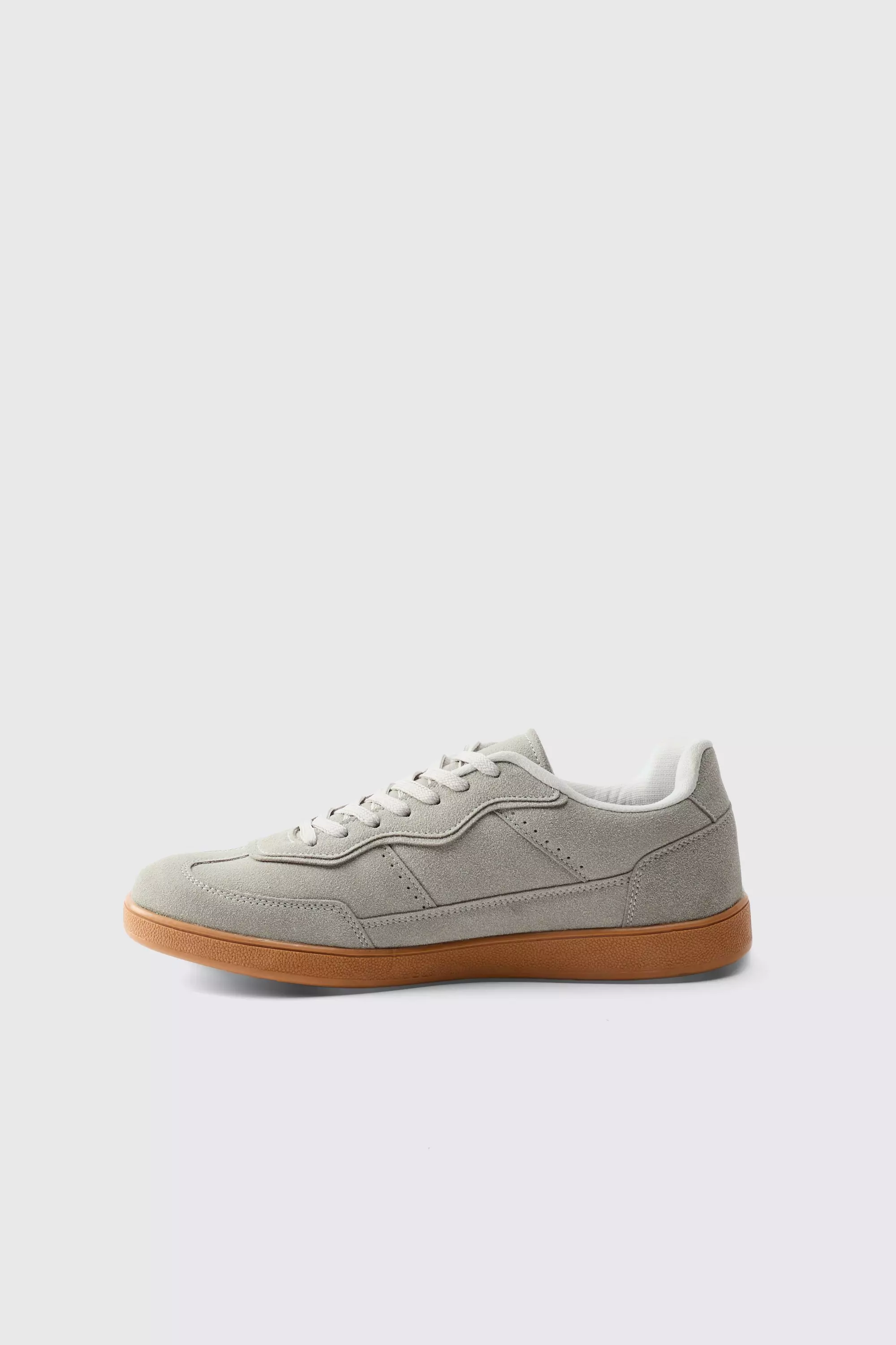 Faux Suede Trainer In Grey with white detail | boohooMAN USA