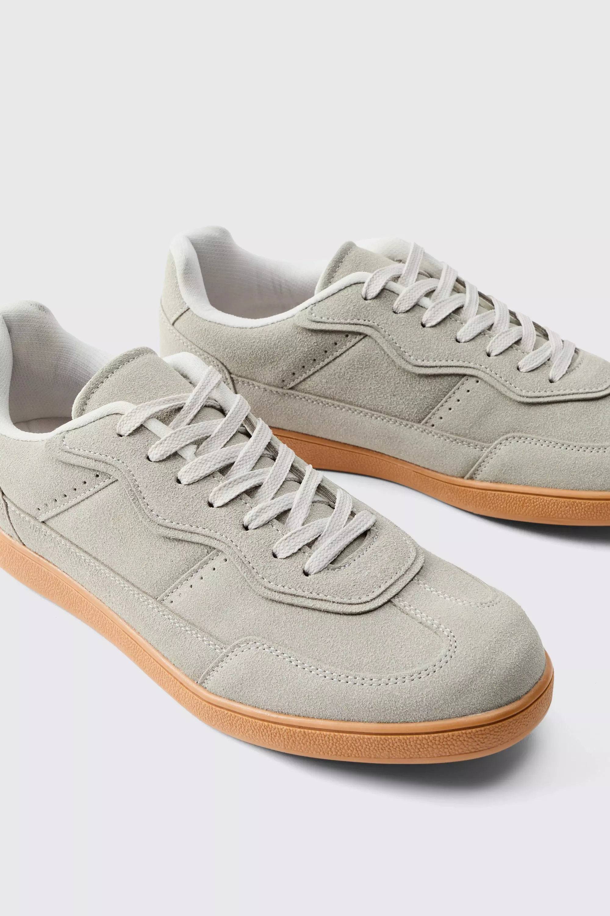 Faux Suede Trainer In Grey with white detail | boohooMAN USA