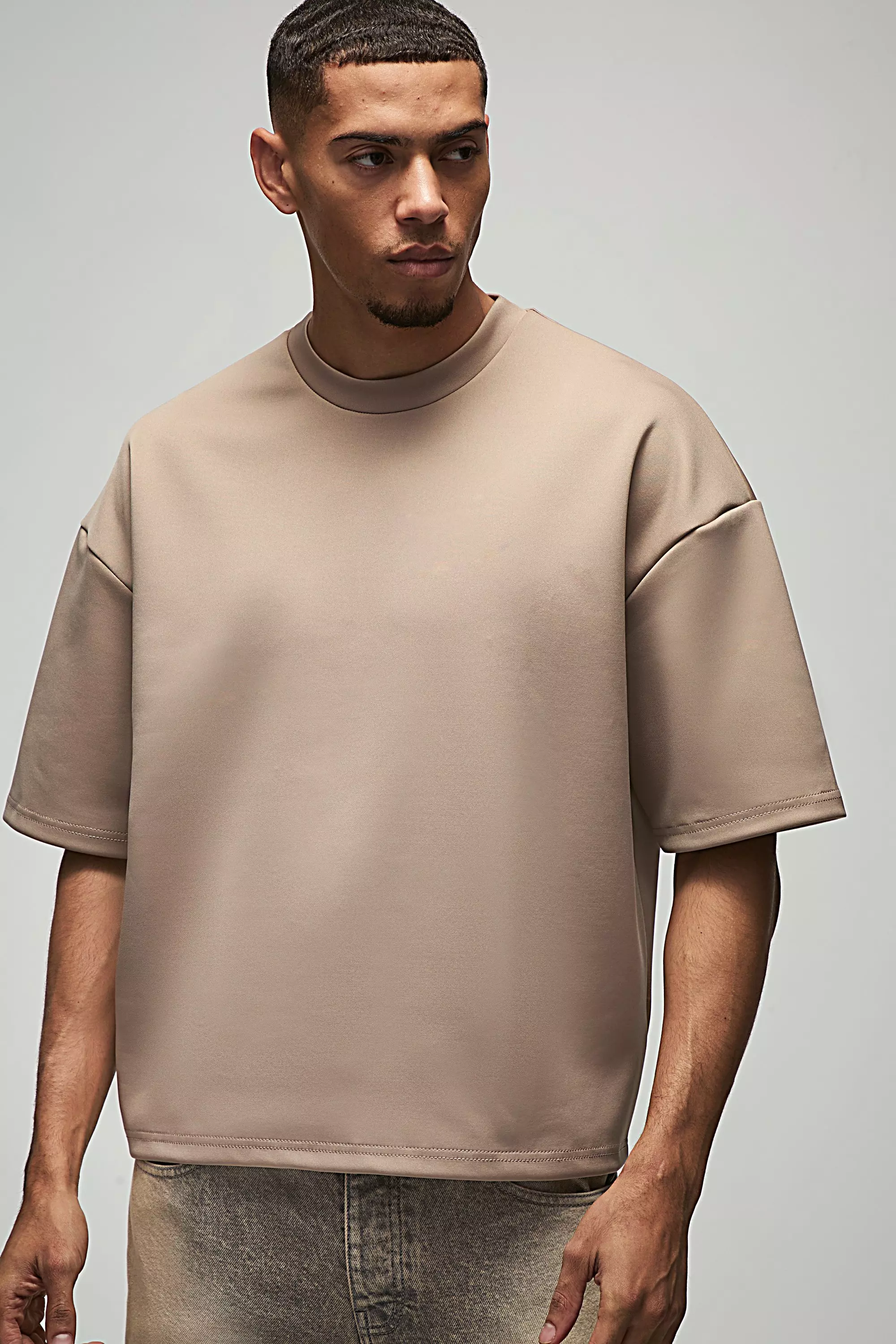 Taupe Oversized Boxy Extended Neck Scuba T-Shirt alternative image