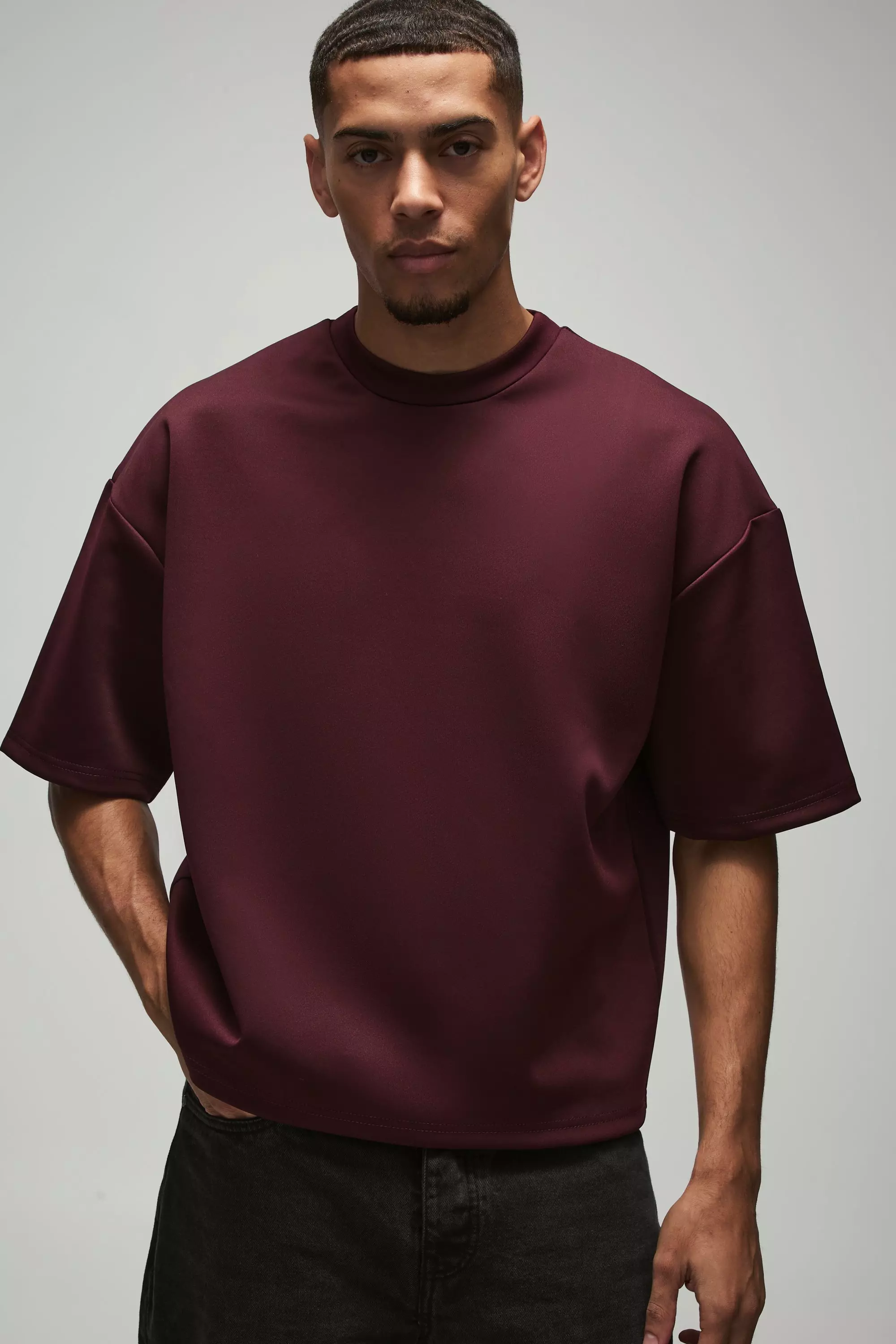 Oversized Boxy Extended Neck Scuba T-Shirt Burgundy