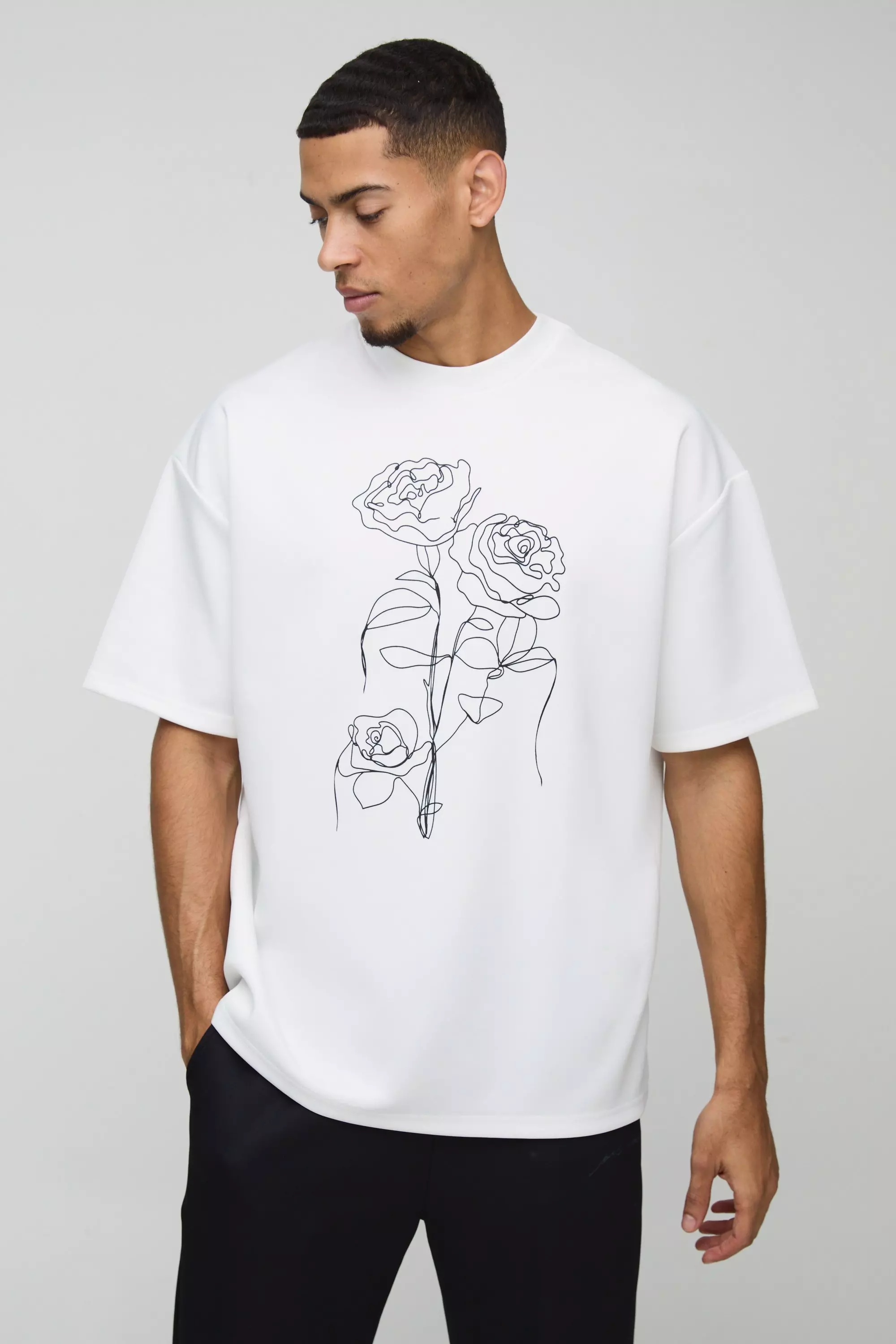 Oversized Floral Line Drawing Scuba T-Shirt Ecru